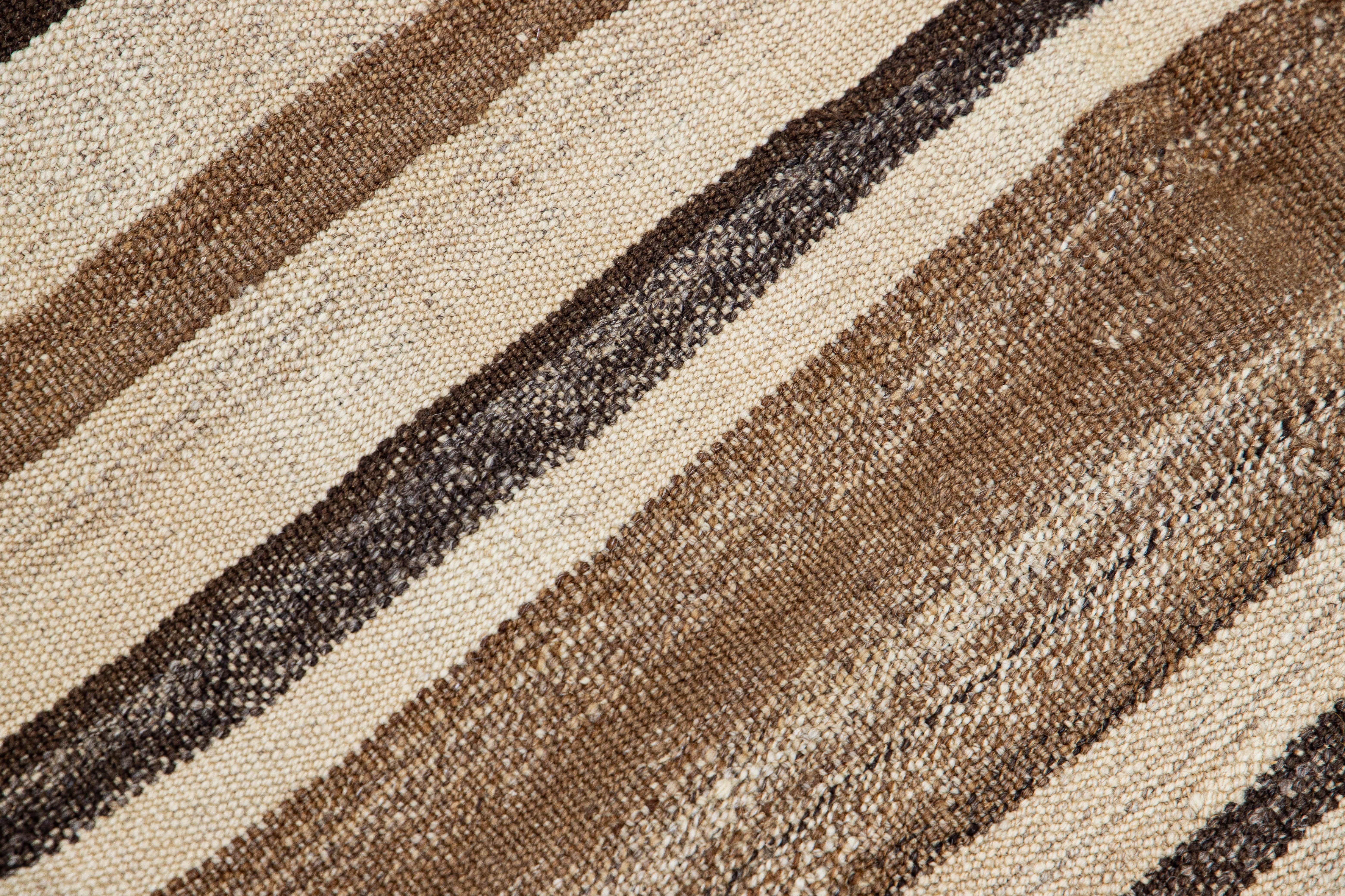 20th Century Brown Vintage Kilim Handmade Flatweave Striped Motif Wool Rug