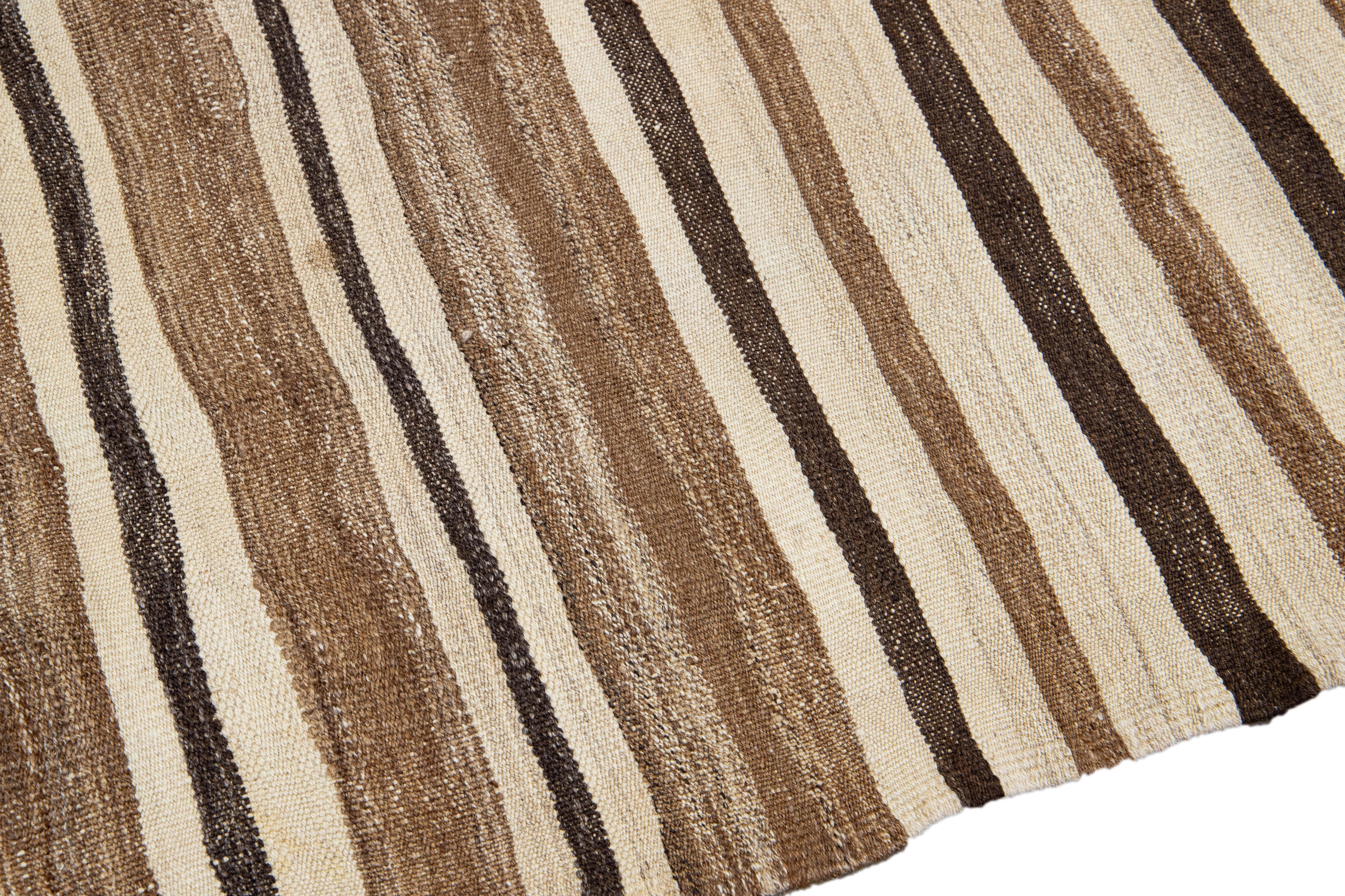 Brown Vintage Kilim Handmade Flatweave Striped Motif Wool Rug 1