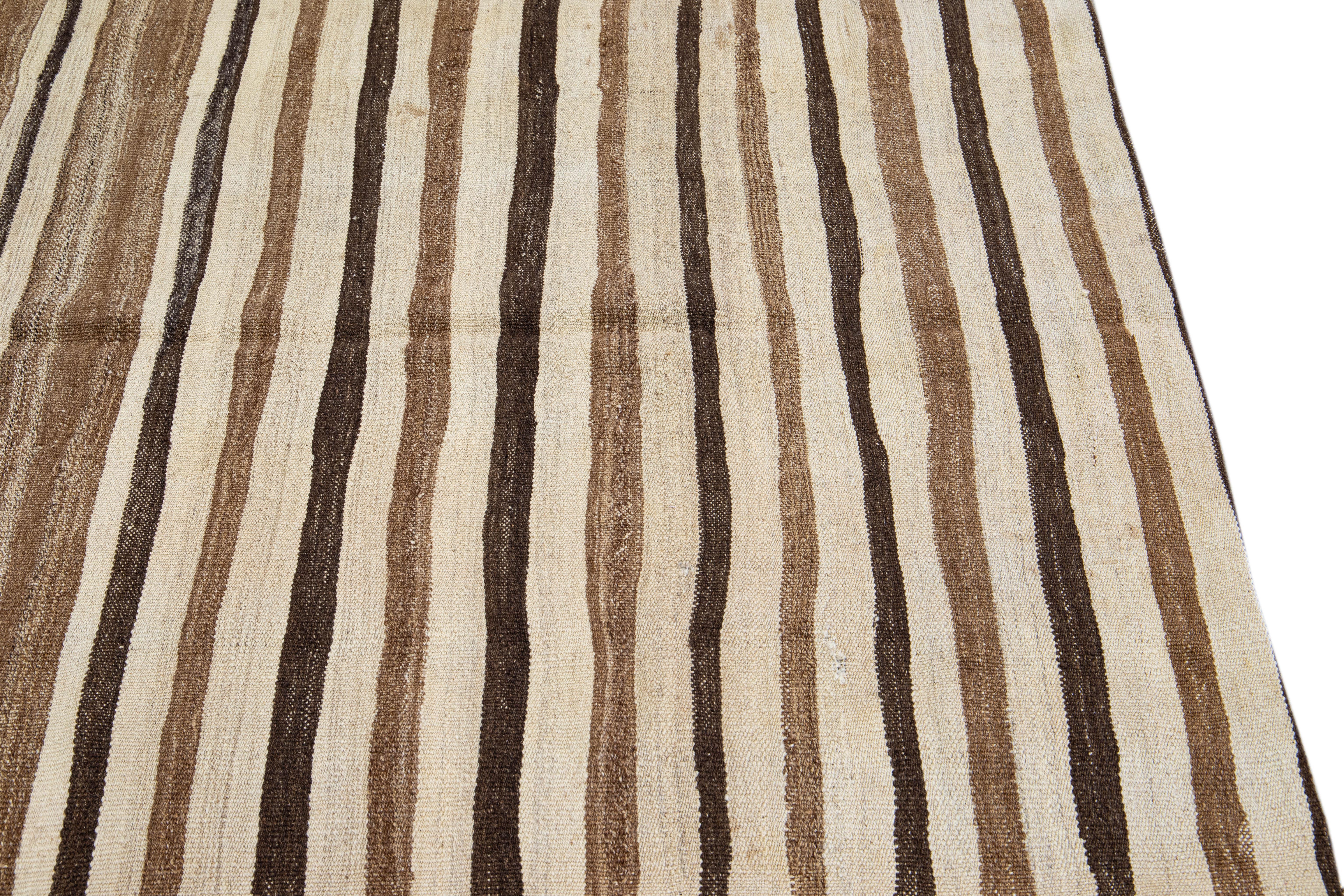 Brown Vintage Kilim Handmade Flatweave Striped Motif Wool Rug 3