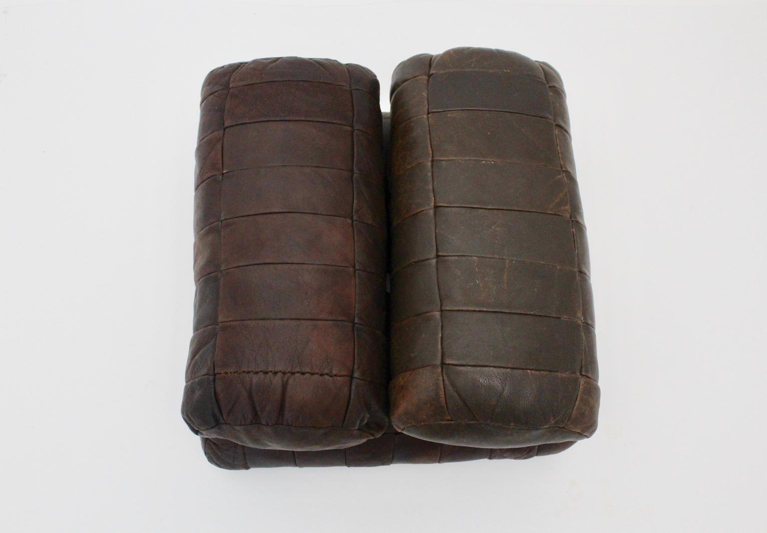 Mid-Century Modern Brown Vintage Patchwork Leather De Sede Pillows 1970s Switzerland Set of Four