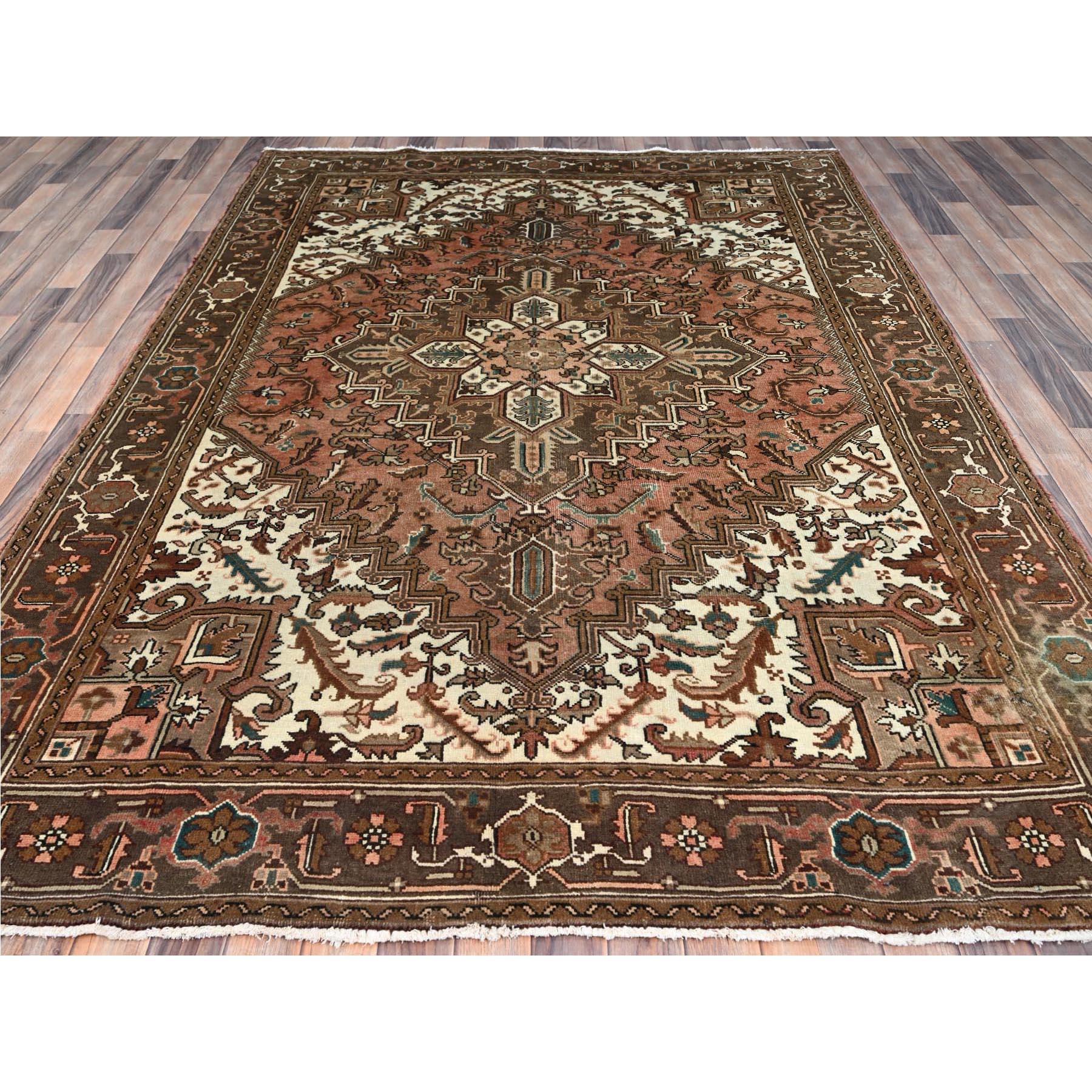 Medieval Brown Vintage Persian and Heriz Design Pure Wool Hand Knotted Clean Abrash Rug