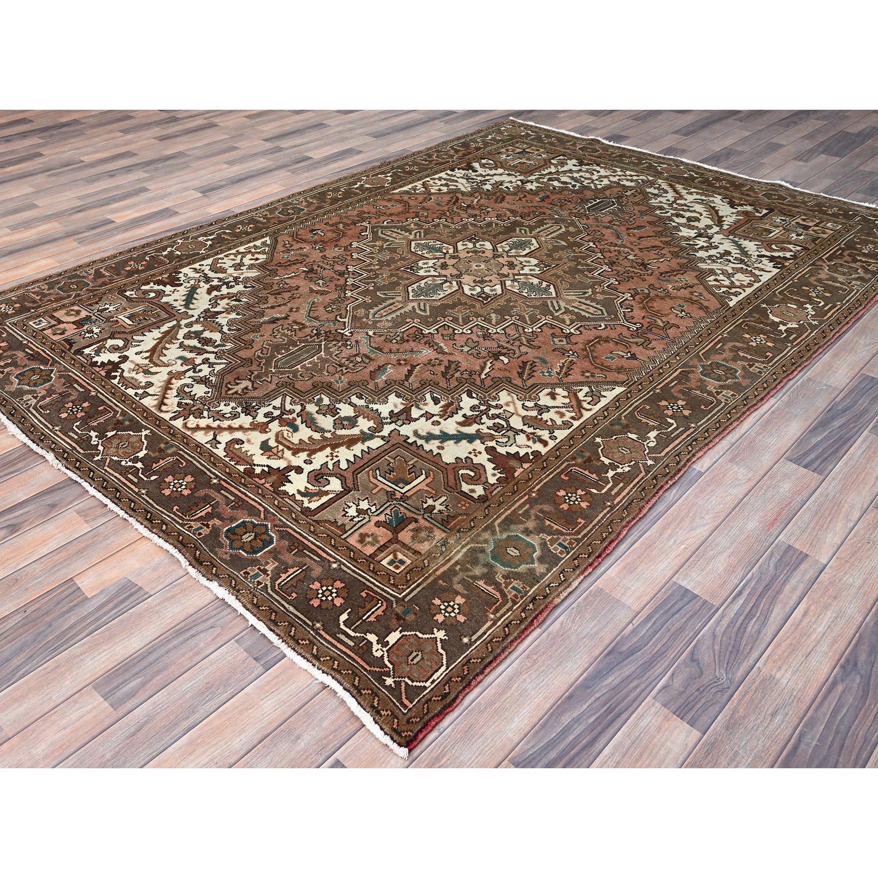 Hand-Knotted Brown Vintage Persian and Heriz Design Pure Wool Hand Knotted Clean Abrash Rug