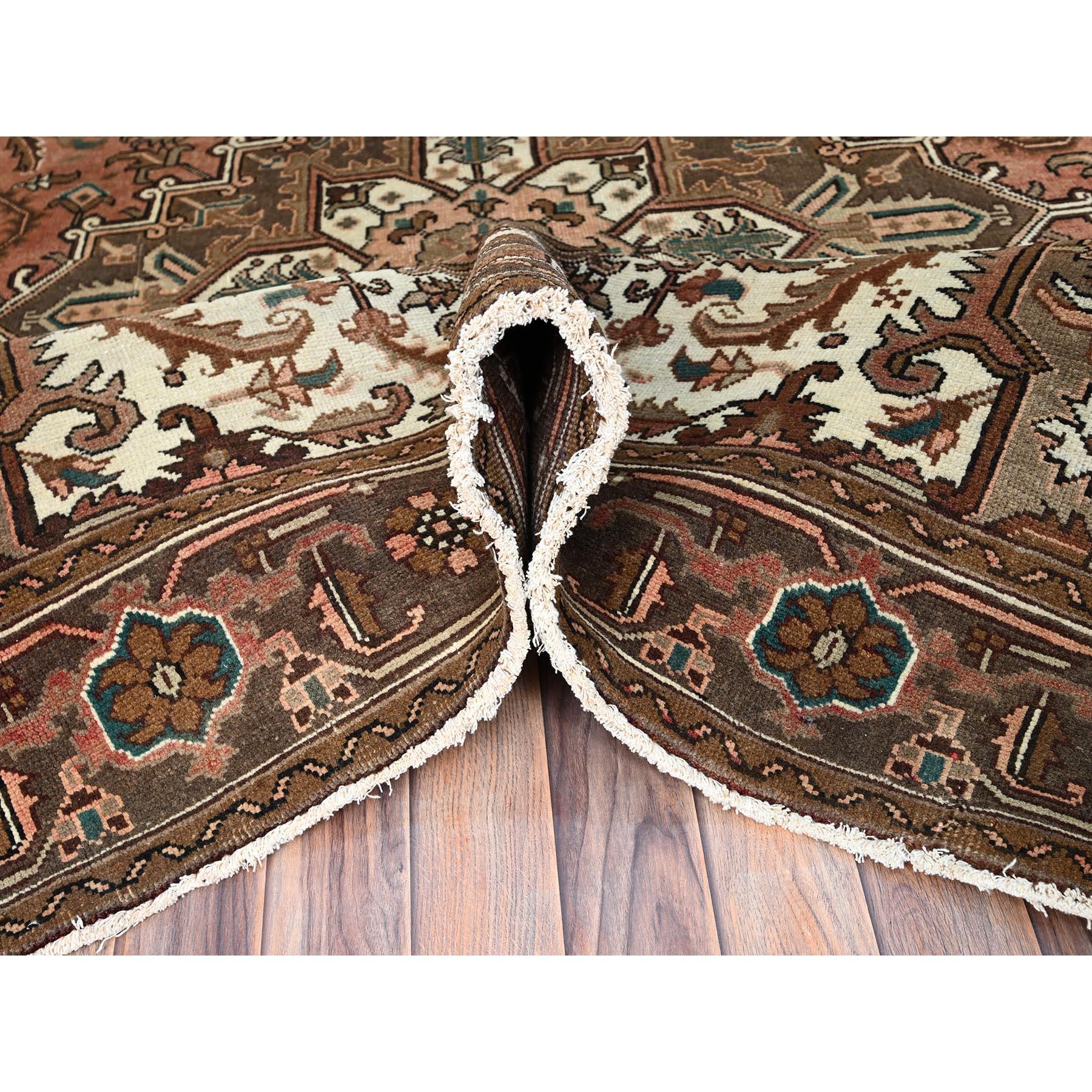Mid-20th Century Brown Vintage Persian and Heriz Design Pure Wool Hand Knotted Clean Abrash Rug