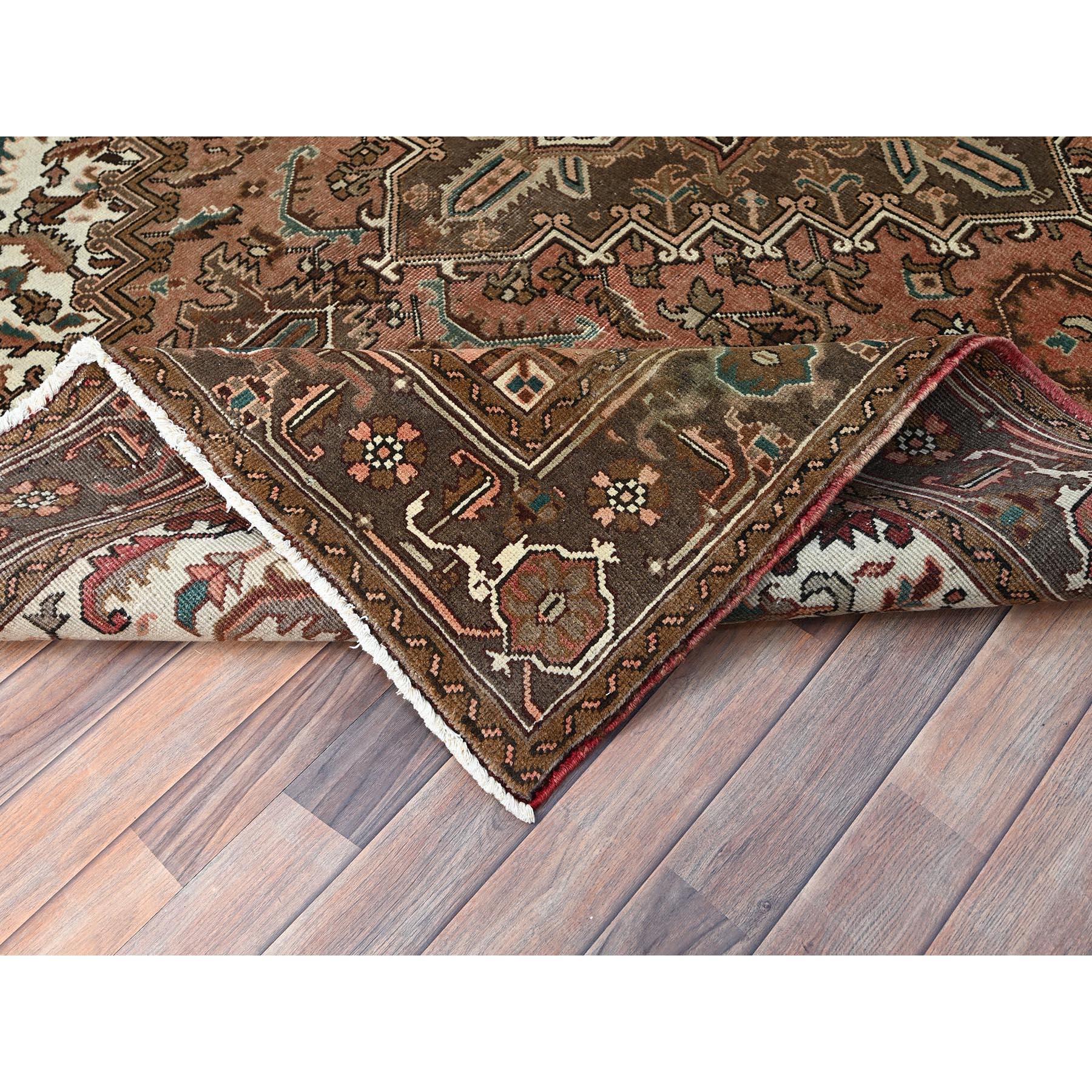 Brown Vintage Persian and Heriz Design Pure Wool Hand Knotted Clean Abrash Rug 1