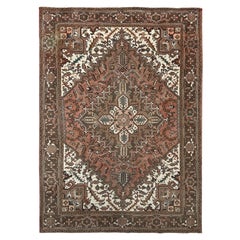 Brown Vintage Persian and Heriz Design Pure Wool Hand Knotted Clean Abrash Rug