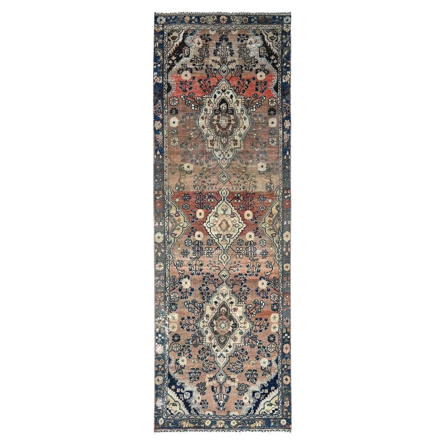 Brown Vintage Persian Bibikabad Abrash Soft Wool Hand Knotted Clean Runner Rug For Sale