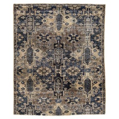 Brown Vintage Persian Distressed Wool Rug With Geometric Pattern