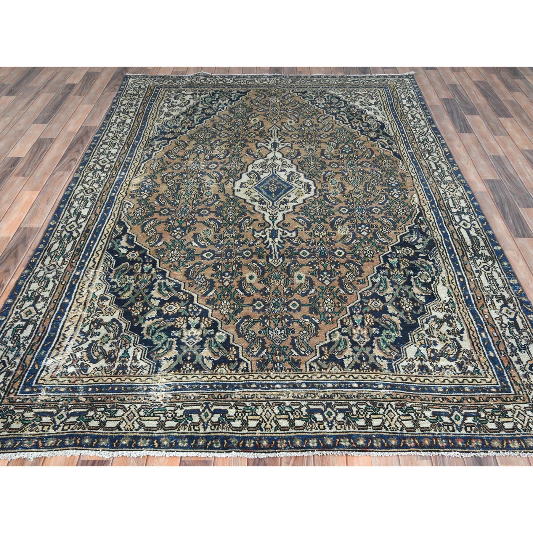 Medieval Brown, Vintage Persian Hamadan, Distressed Worn Wool Hand Knotted Rug For Sale