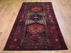 Brown Vintage Persian Hamdan Wide Runner Pure Wool Hand Knotted Oriental Rug