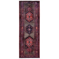 Brown Vintage Persian Hamdan Wide Runner Pure Wool Hand Knotted Oriental Rug