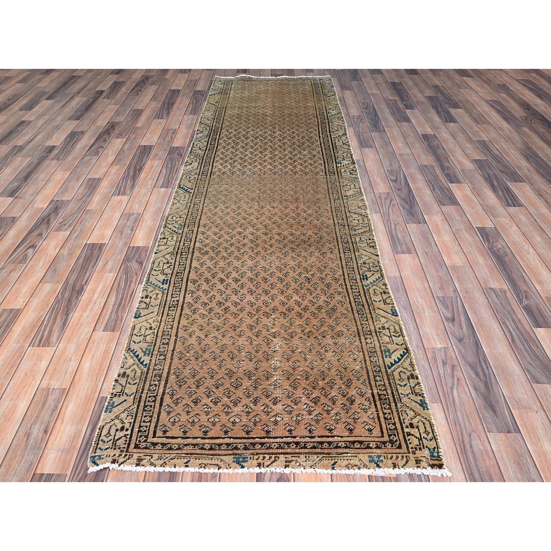 Medieval Brown Vintage Persian Sarouk Mir Distressed Pure Wool Hand Knotted Runner Rug For Sale