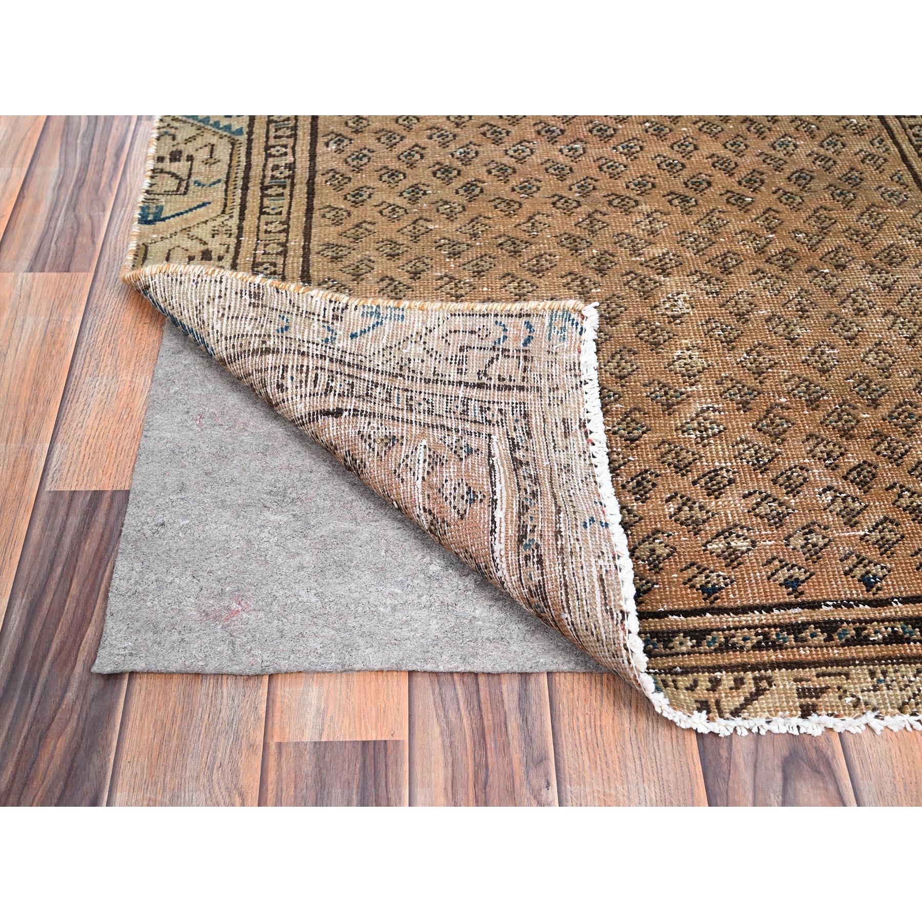 Hand-Knotted Brown Vintage Persian Sarouk Mir Distressed Pure Wool Hand Knotted Runner Rug For Sale