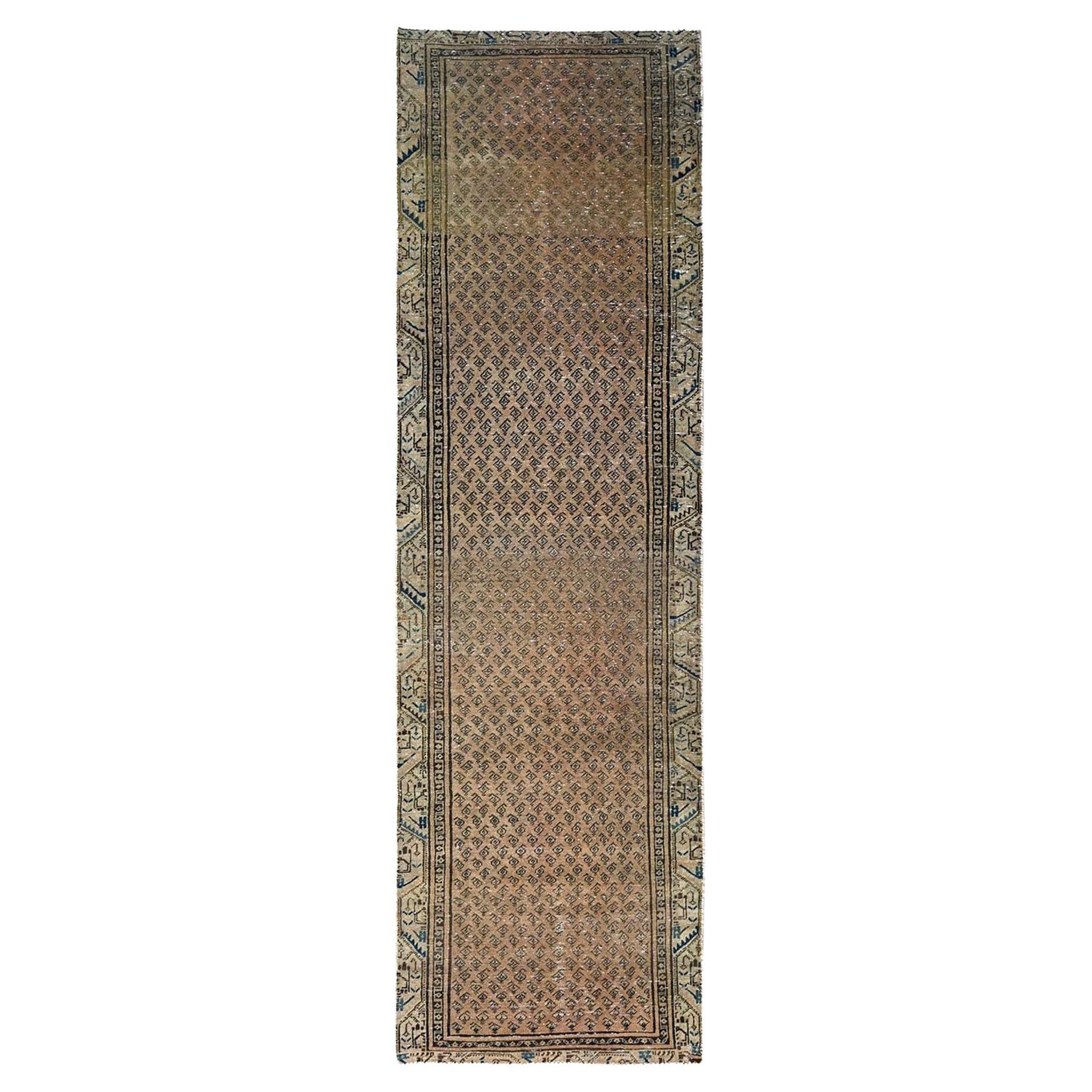 Brown Vintage Persian Sarouk Mir Distressed Pure Wool Hand Knotted Runner Rug For Sale