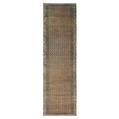 Brown Retro Persian Sarouk Mir Distressed Pure Wool Hand Knotted Runner Rug