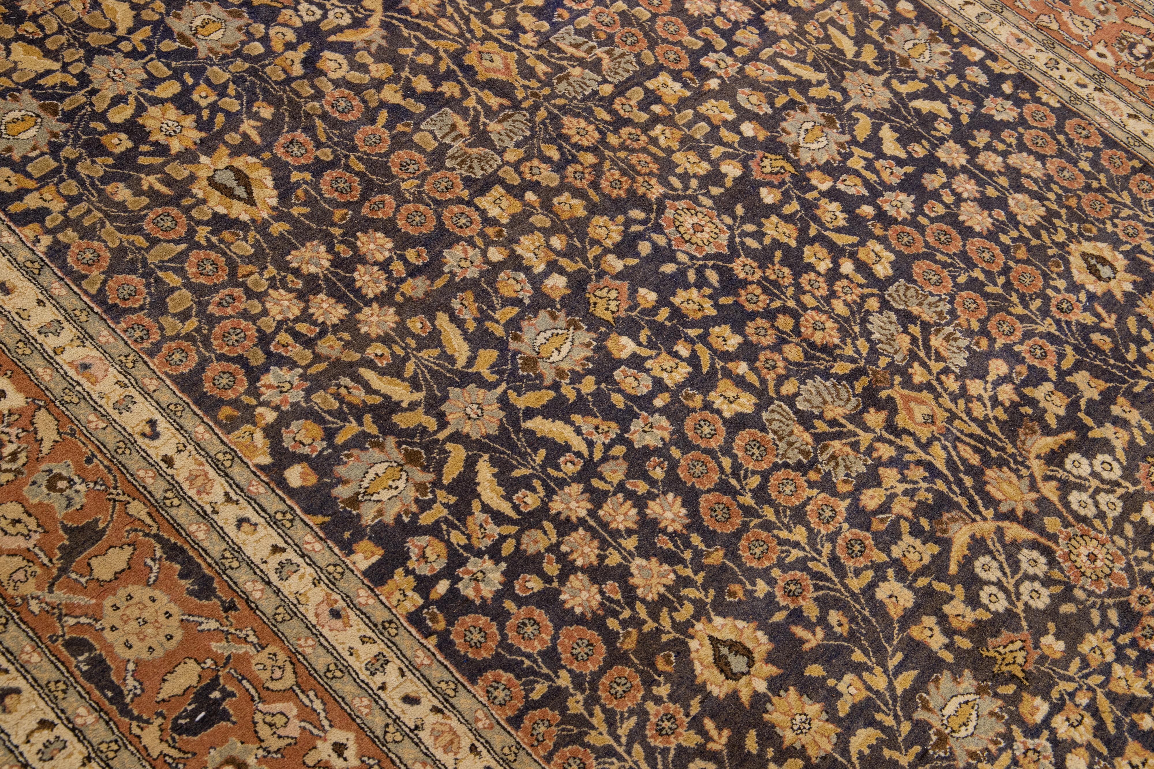 Tapis persan marron vintage Tabriz en laine fait à la main, entièrement conçu à la main en vente 3