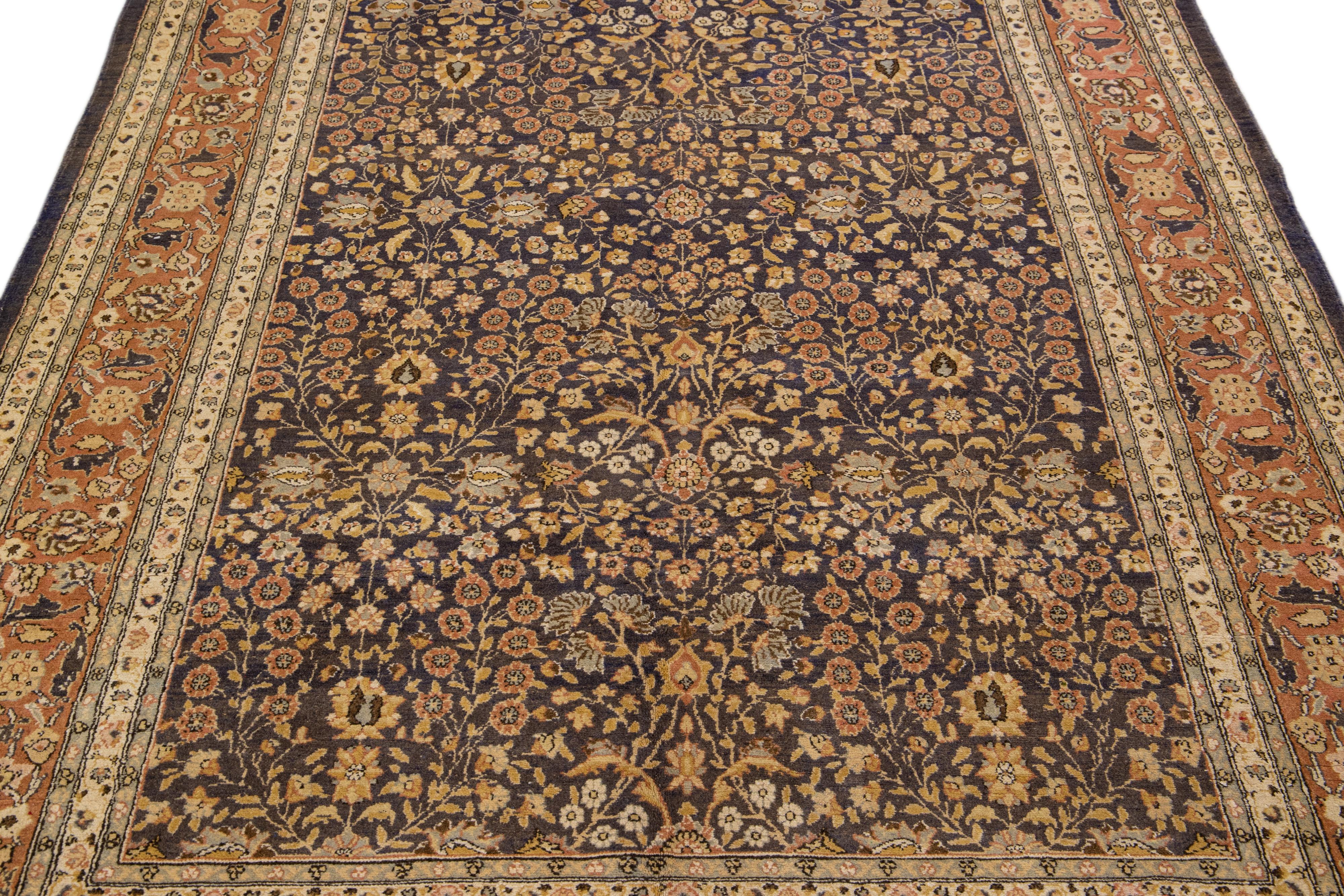 Hand-Knotted Brown Vintage Persian Tabriz Handmade Allover Designed Wool Rug For Sale