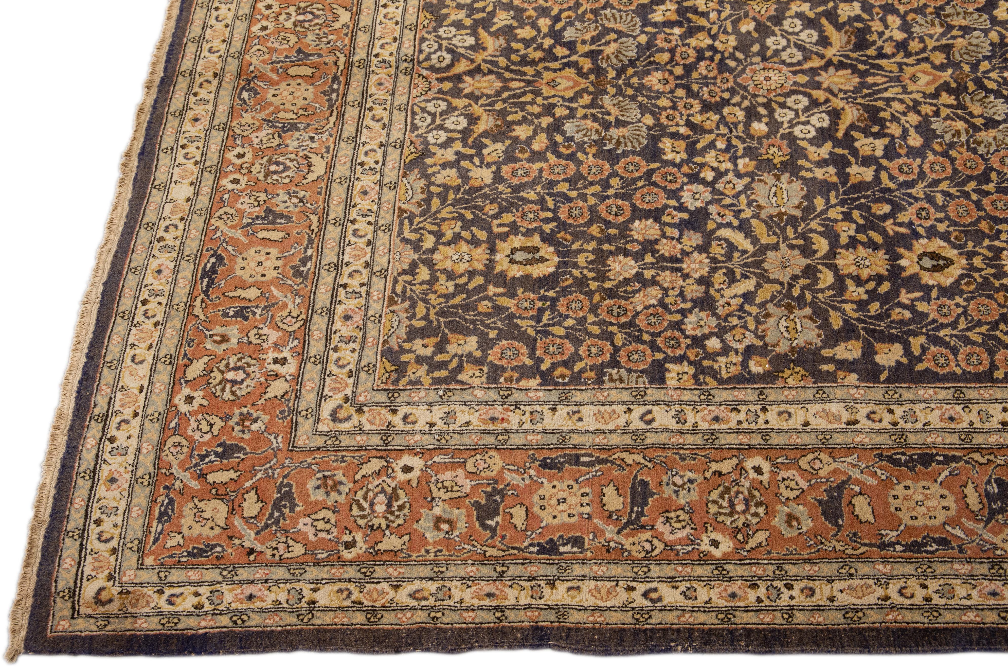 Brown Vintage Persian Tabriz Handmade Allover Designed Wool Rug In Good Condition For Sale In Norwalk, CT