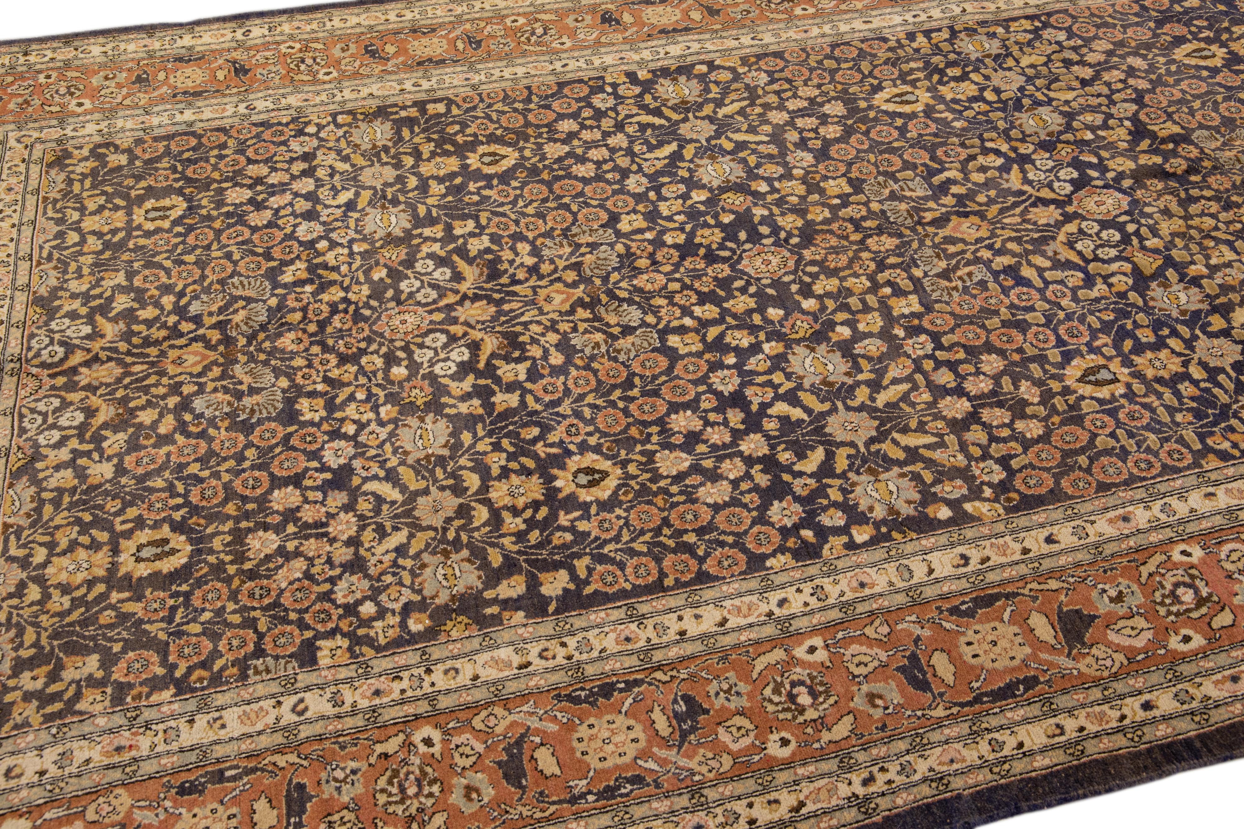 Brown Vintage Persian Tabriz Handmade Allover Designed Wool Rug For Sale 3