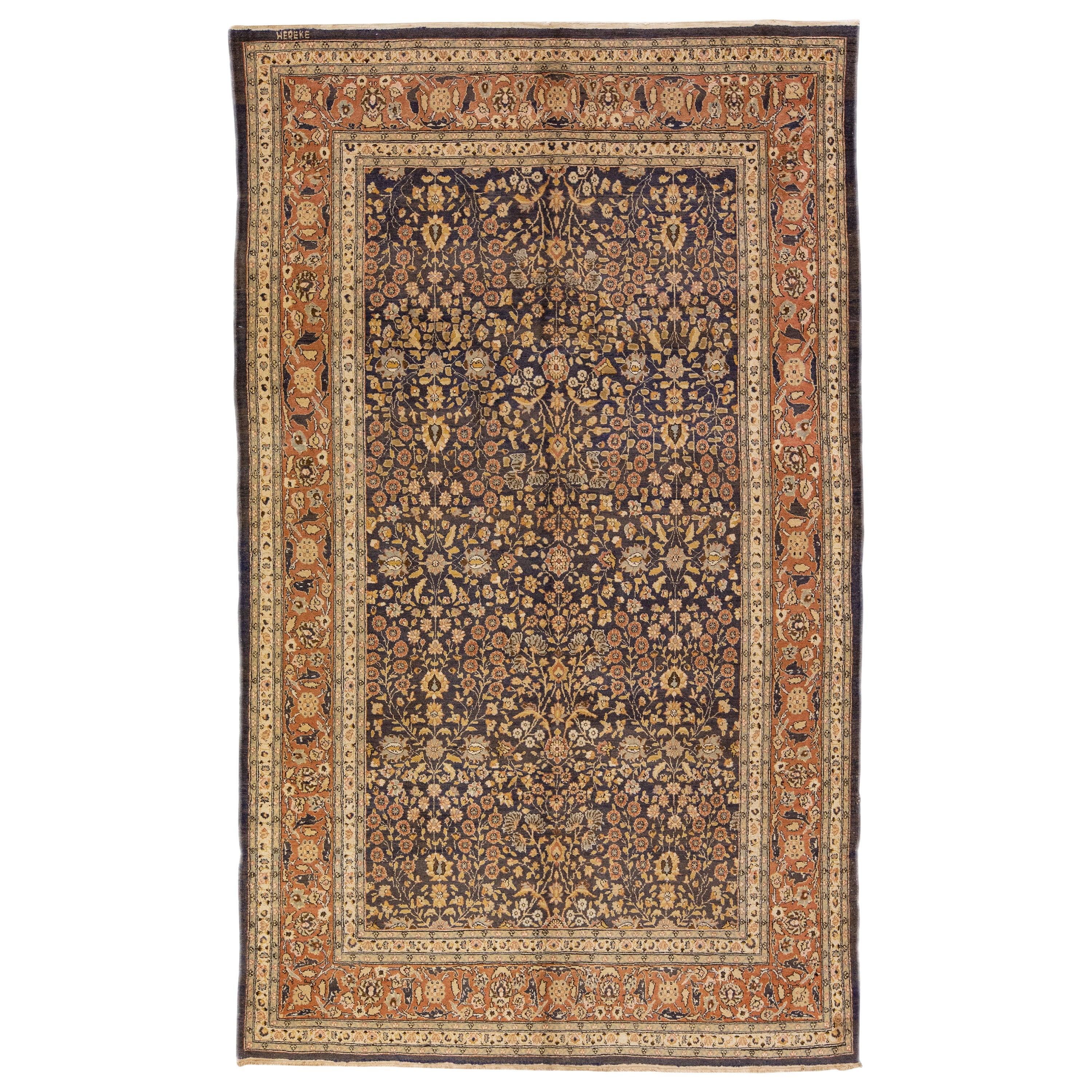 Tappeto di lana marrone vintage persiano Tabriz fatto a mano con disegni a tutto campo