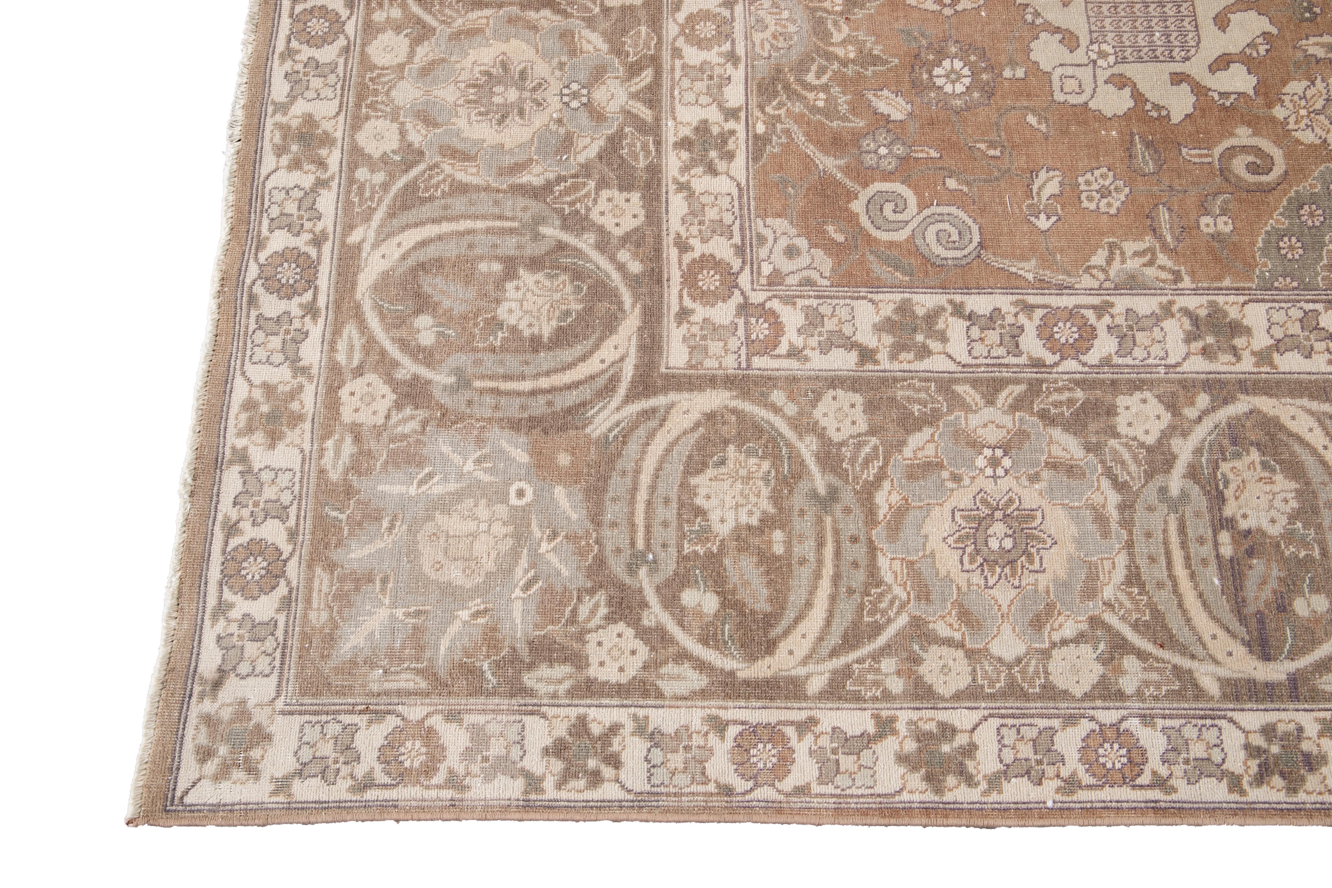 20th Century Brown Vintage Persian Tabriz Handmade Wool Rug