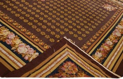 Brown Vintage Portuguese Aubusson Needlepoint Allover Designed Wool Rug