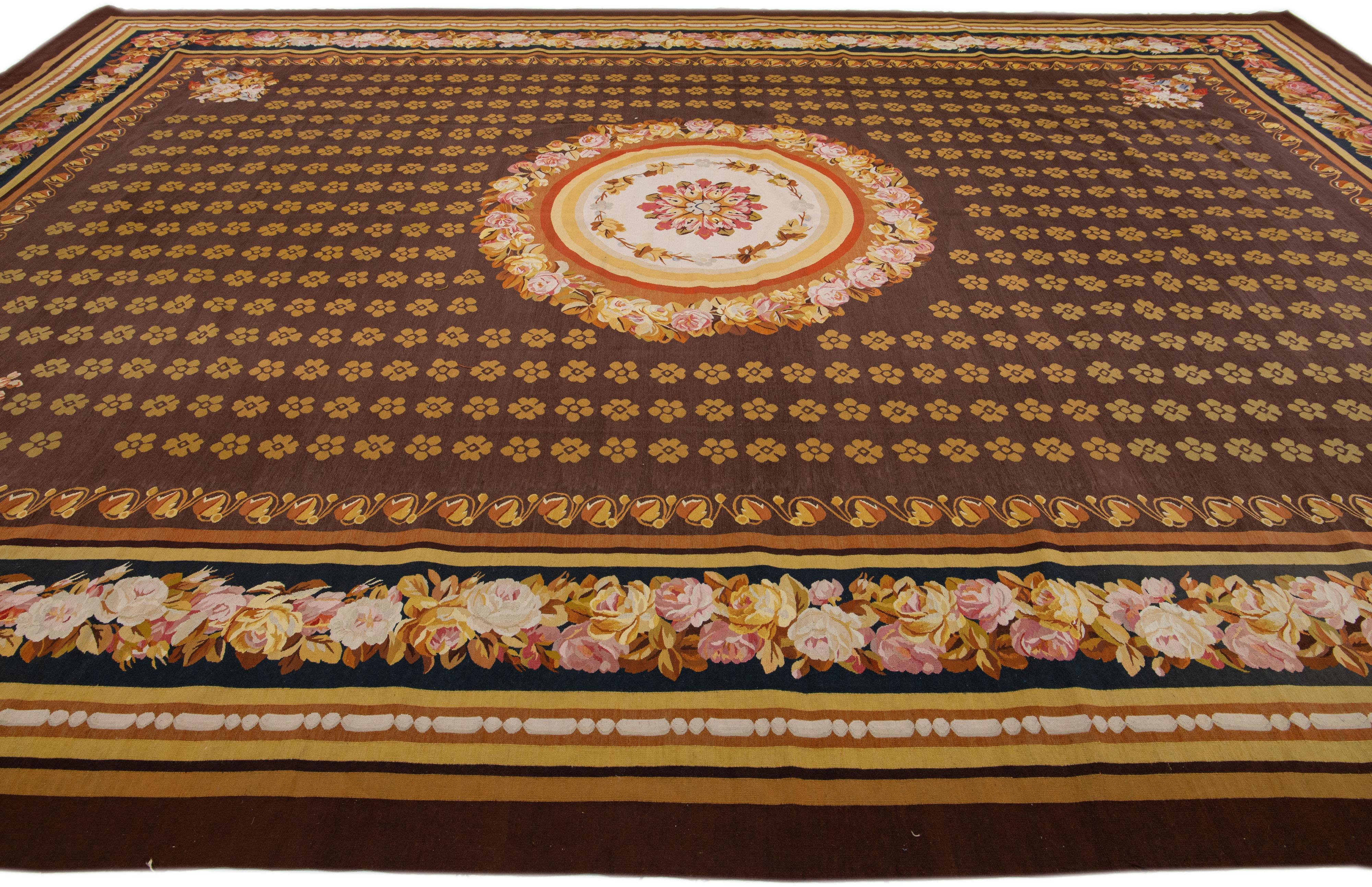 Brown Vintage Portuguese Aubusson Needlepoint Allover Designed Wool Rug For Sale 1
