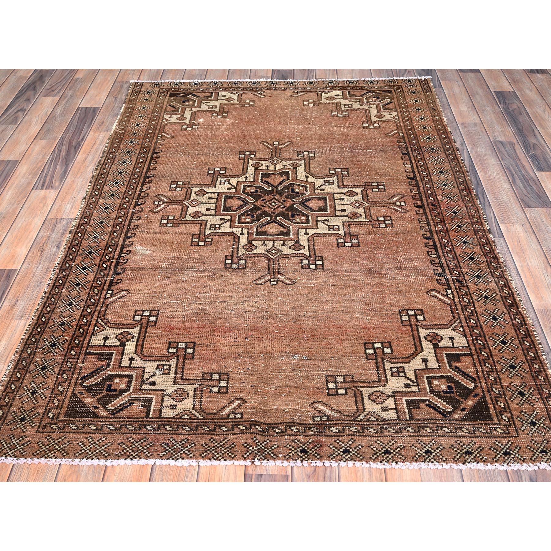 Medieval Brown Vintage Rustic Persian Gabbeh Evenly Worn Pure Wool Hand Knotted Clean Rug For Sale