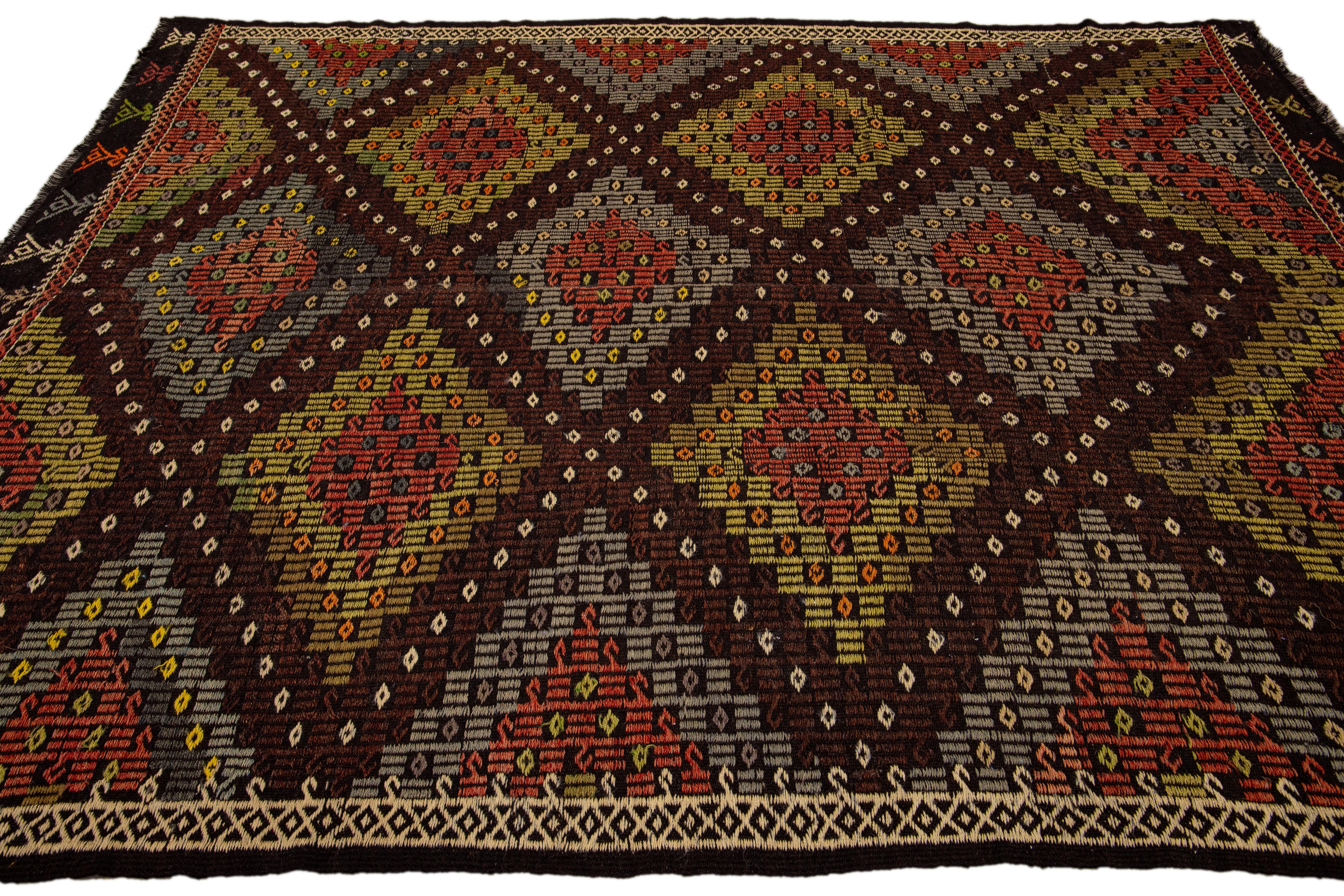 Hand-Knotted Brown Vintage Soumak Handmade Geometric Designed Wool Rug For Sale