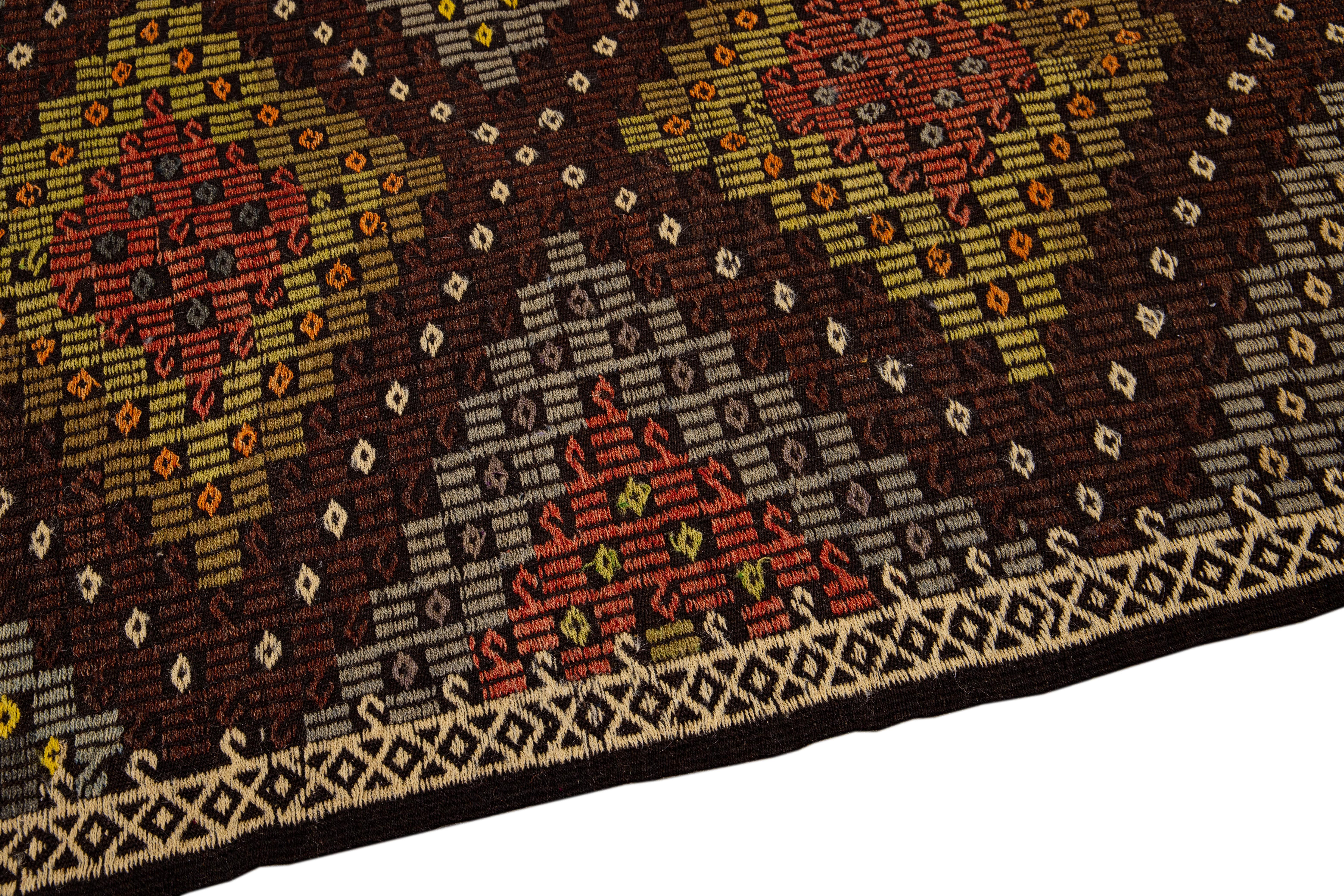 Brown Vintage Soumak Handmade Geometric Designed Wool Rug In Excellent Condition For Sale In Norwalk, CT