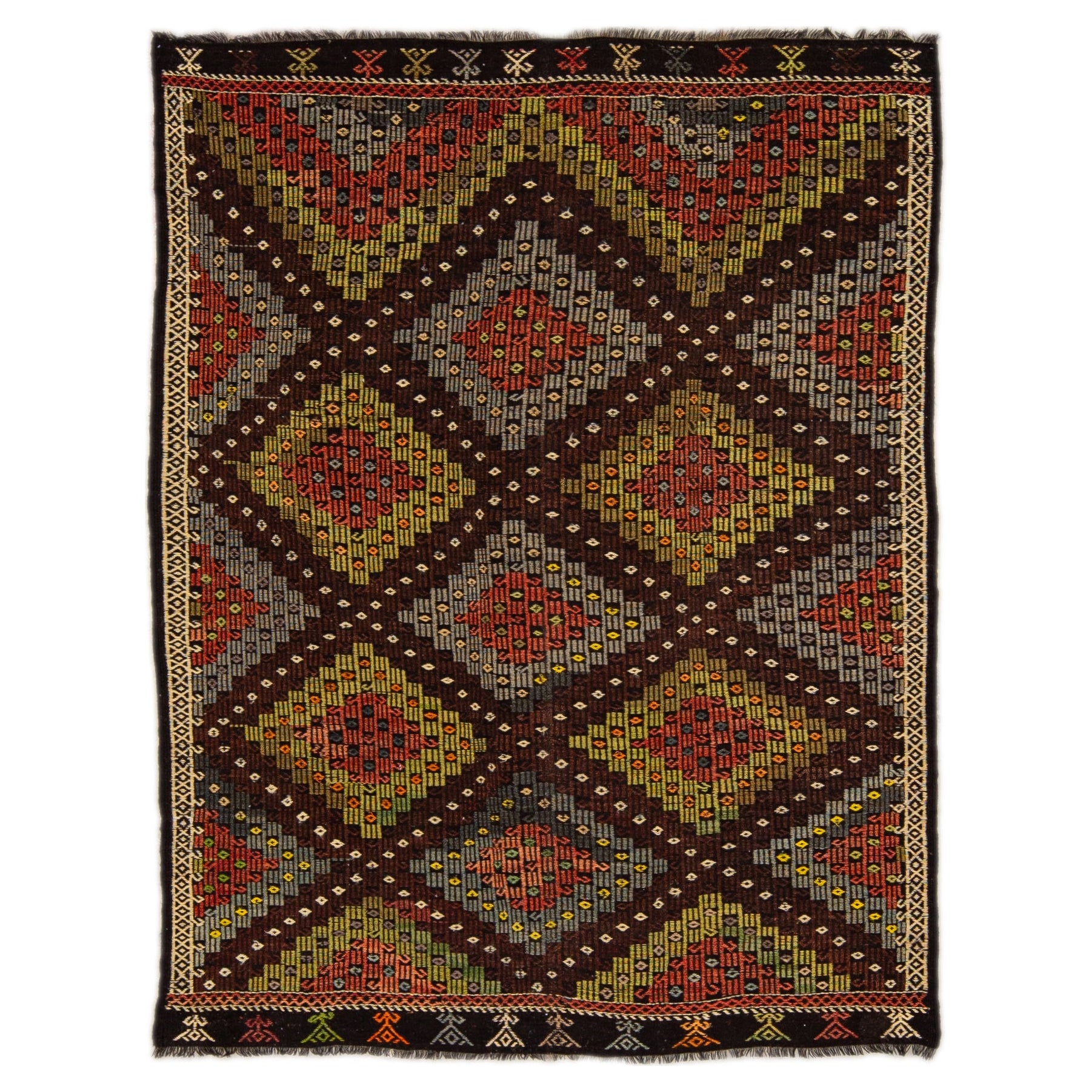 Tappeto di lana marrone vintage Soumak fatto a mano con disegni geometrici