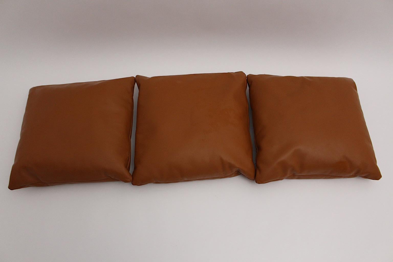 Mid-Century Modern Brown Vintage Stitched Set of Three Leather Pillows, 1970s, Switzerland