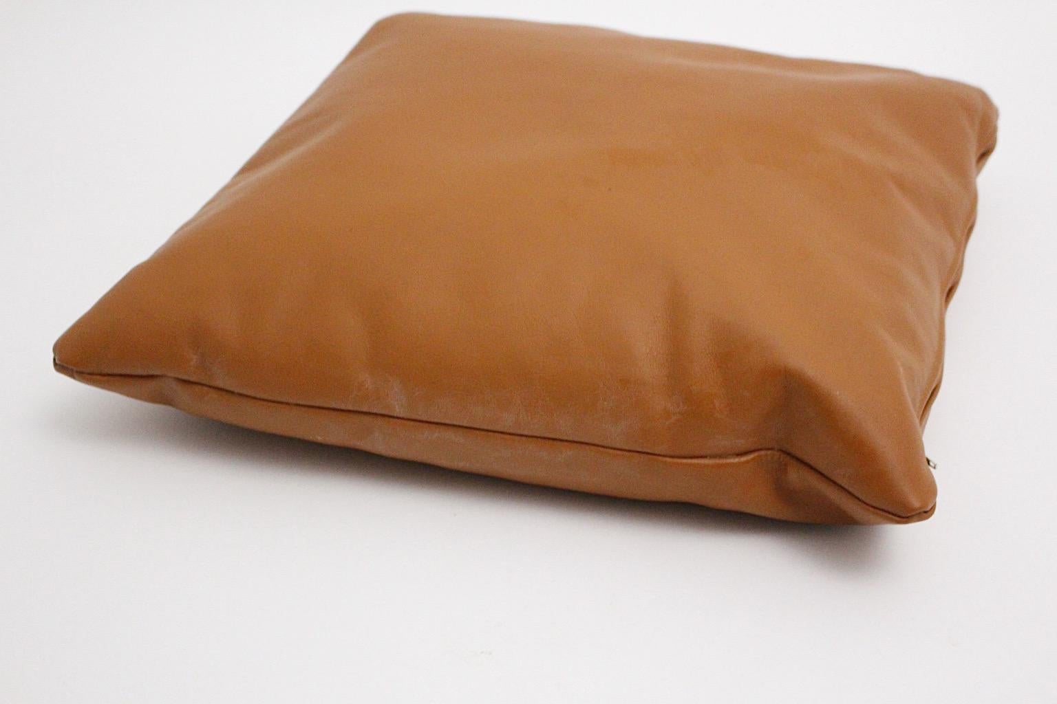 Swiss Brown Vintage Stitched Set of Three Leather Pillows, 1970s, Switzerland