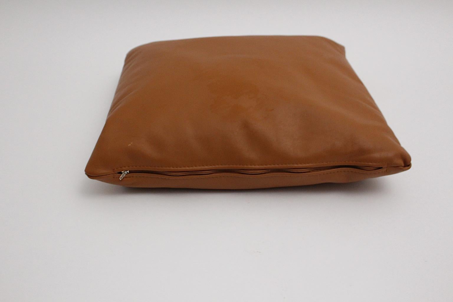 Brown Vintage Stitched Set of Three Leather Pillows, 1970s, Switzerland In Good Condition In Vienna, AT