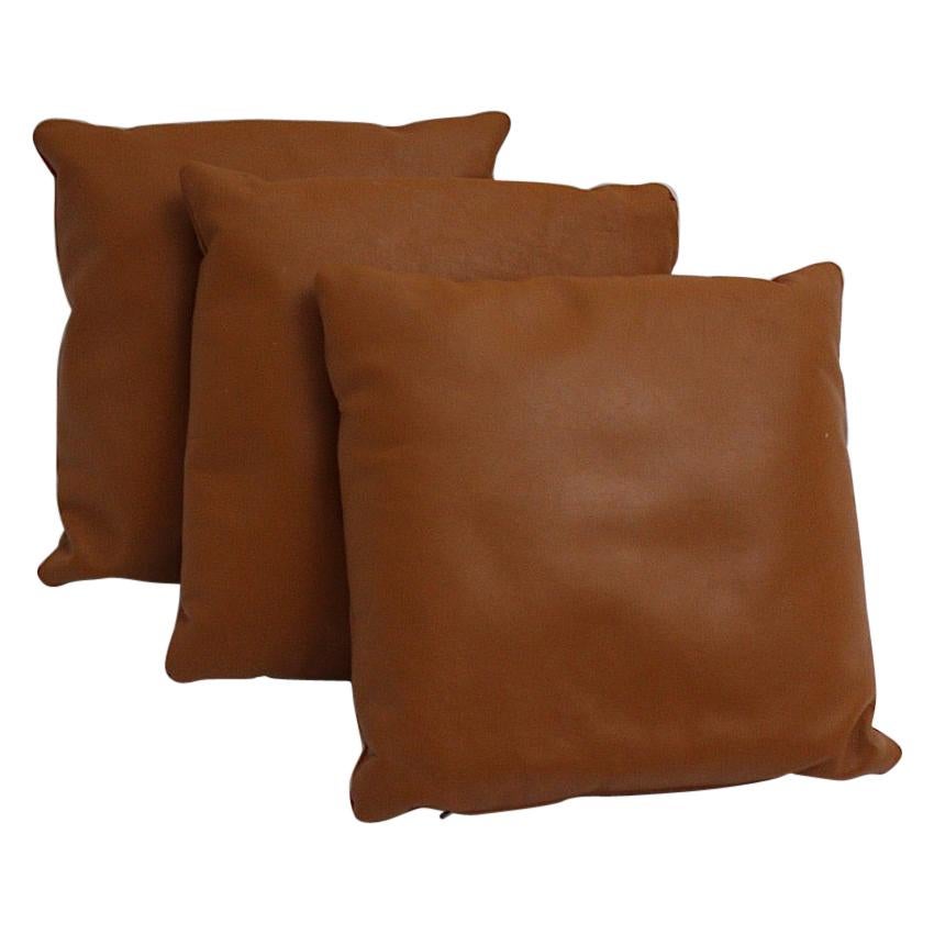 Brown Vintage Stitched Set of Three Leather Pillows, 1970s, Switzerland
