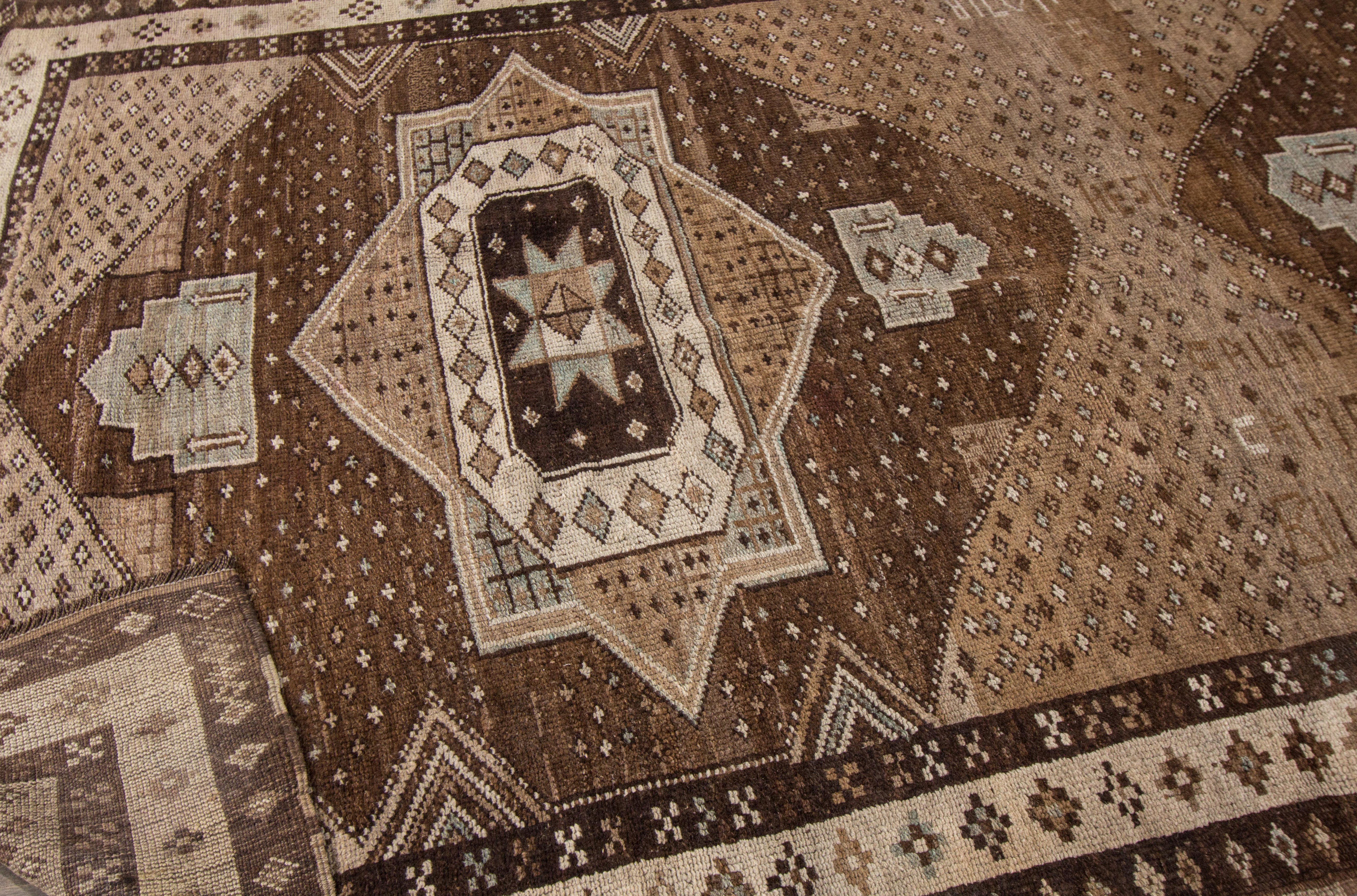 Mid-Century Modern Brown Vintage Turkish Anatolian Handmade Geometric Designed Wool Rug For Sale