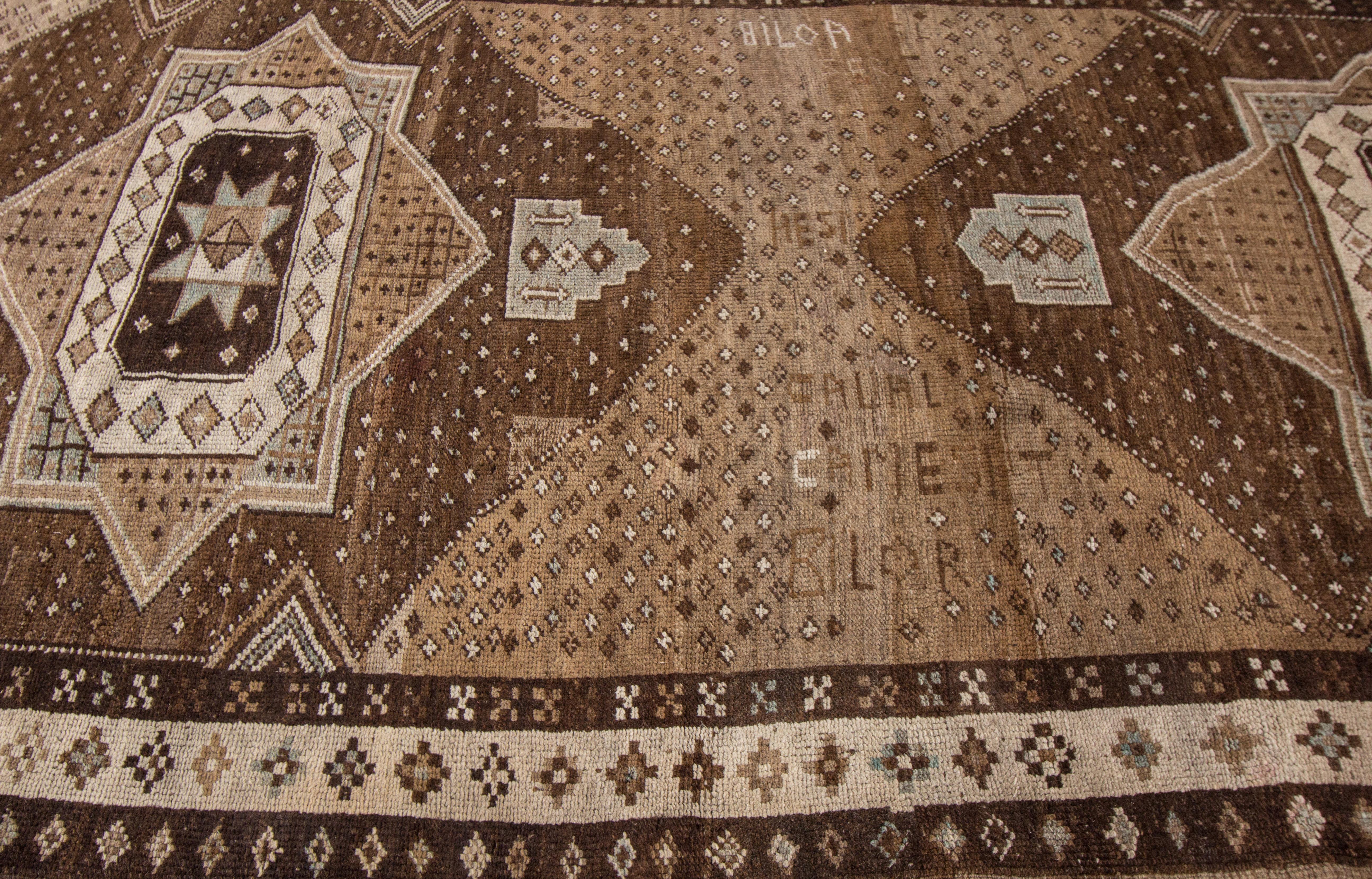 Brown Vintage Turkish Anatolian Handmade Geometric Designed Wool Rug In Excellent Condition For Sale In Norwalk, CT