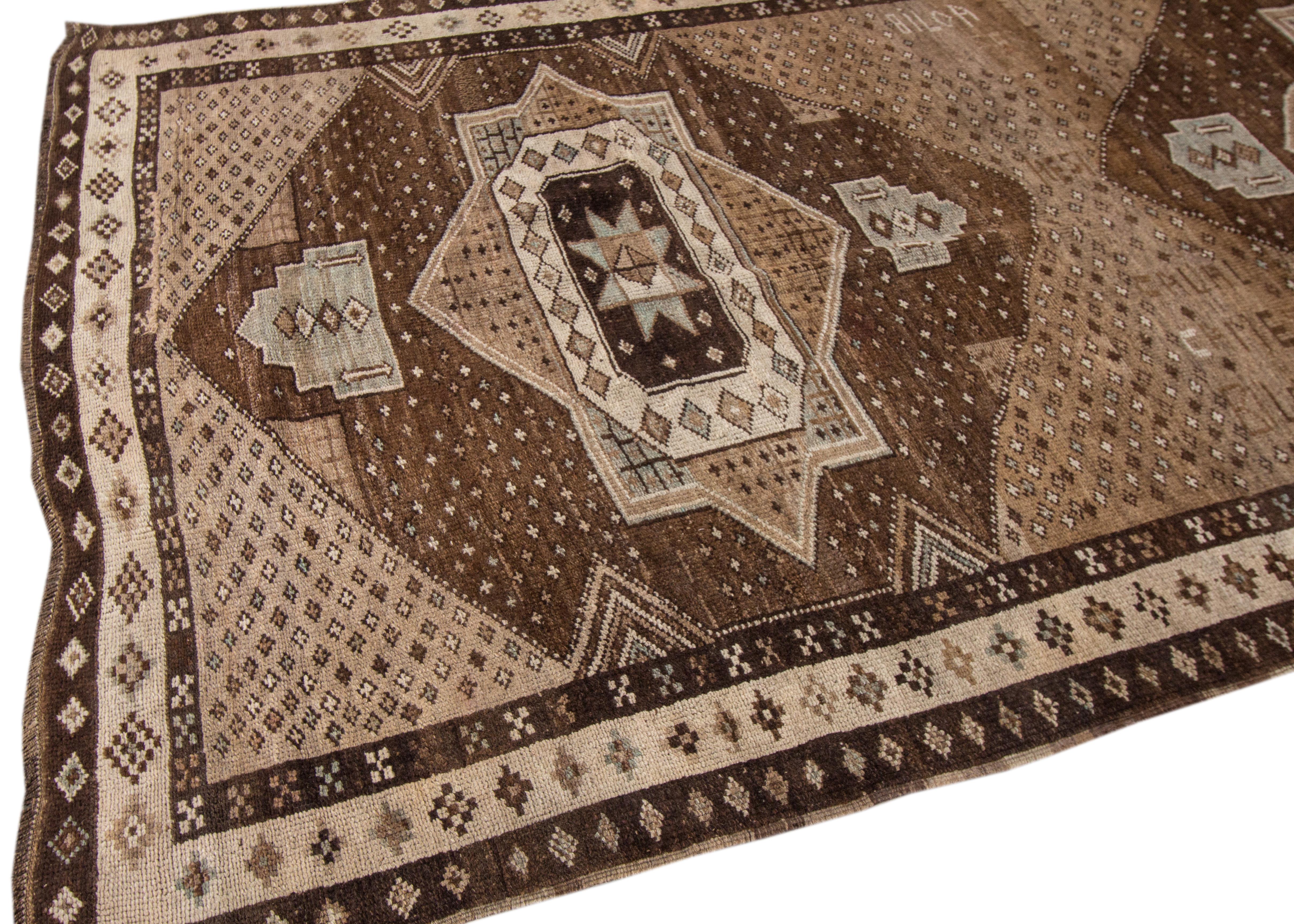Mid-20th Century Brown Vintage Turkish Anatolian Handmade Geometric Designed Wool Rug For Sale