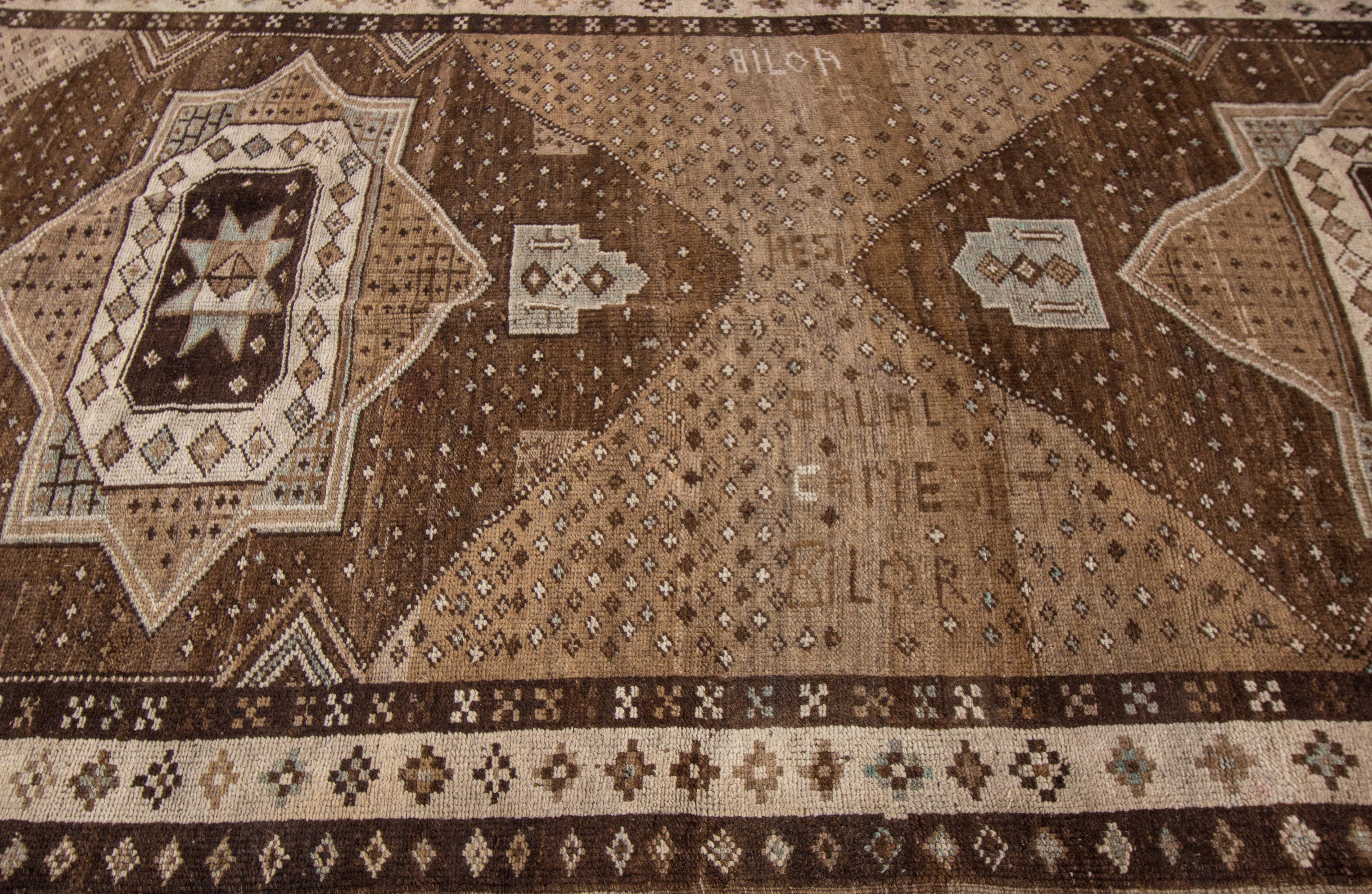 Brown Vintage Turkish Anatolian Handmade Geometric Designed Wool Rug For Sale 1
