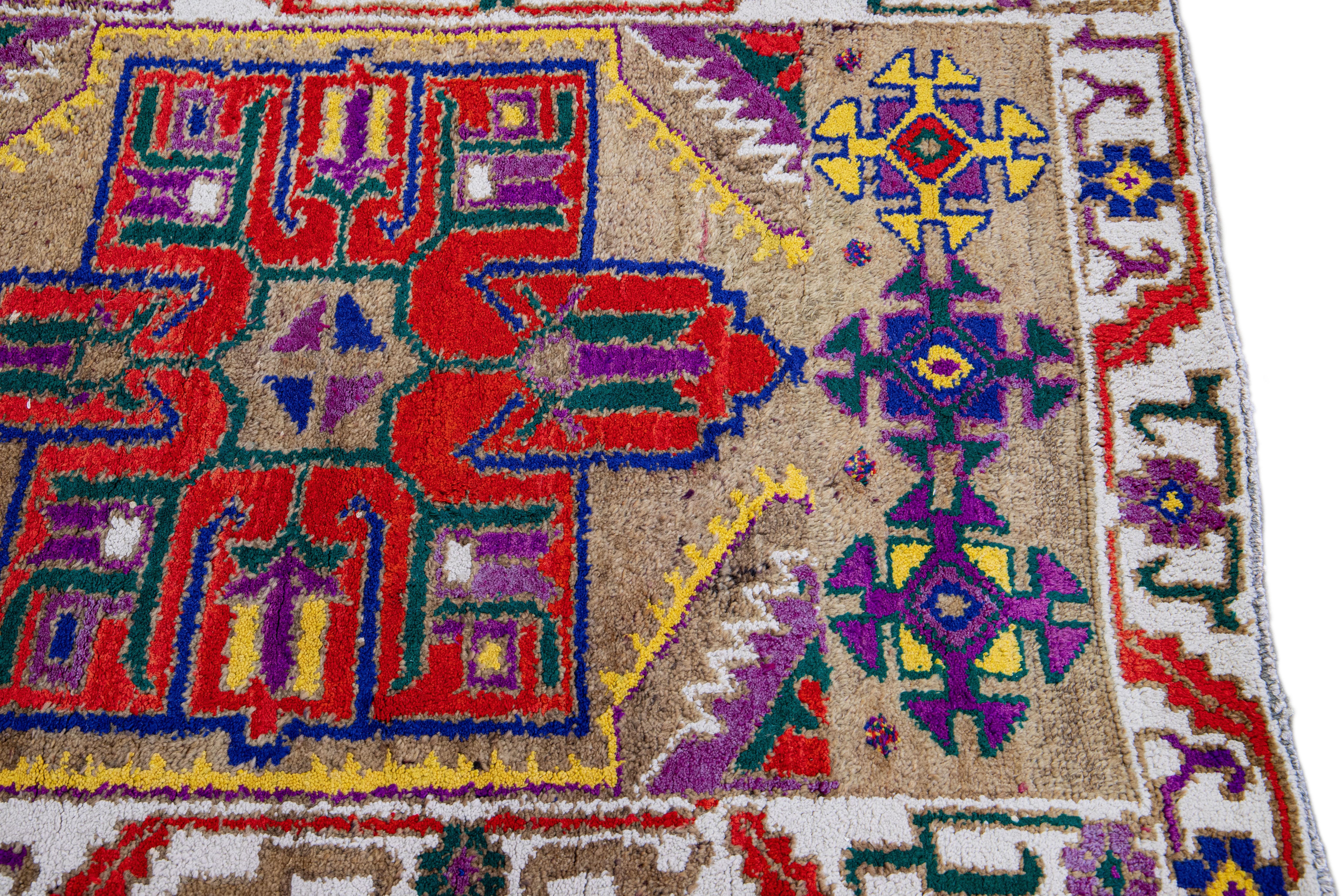 Brown Vintage Turkish Handmade Multicolor Tribal Pattern Wool Runner For Sale 4