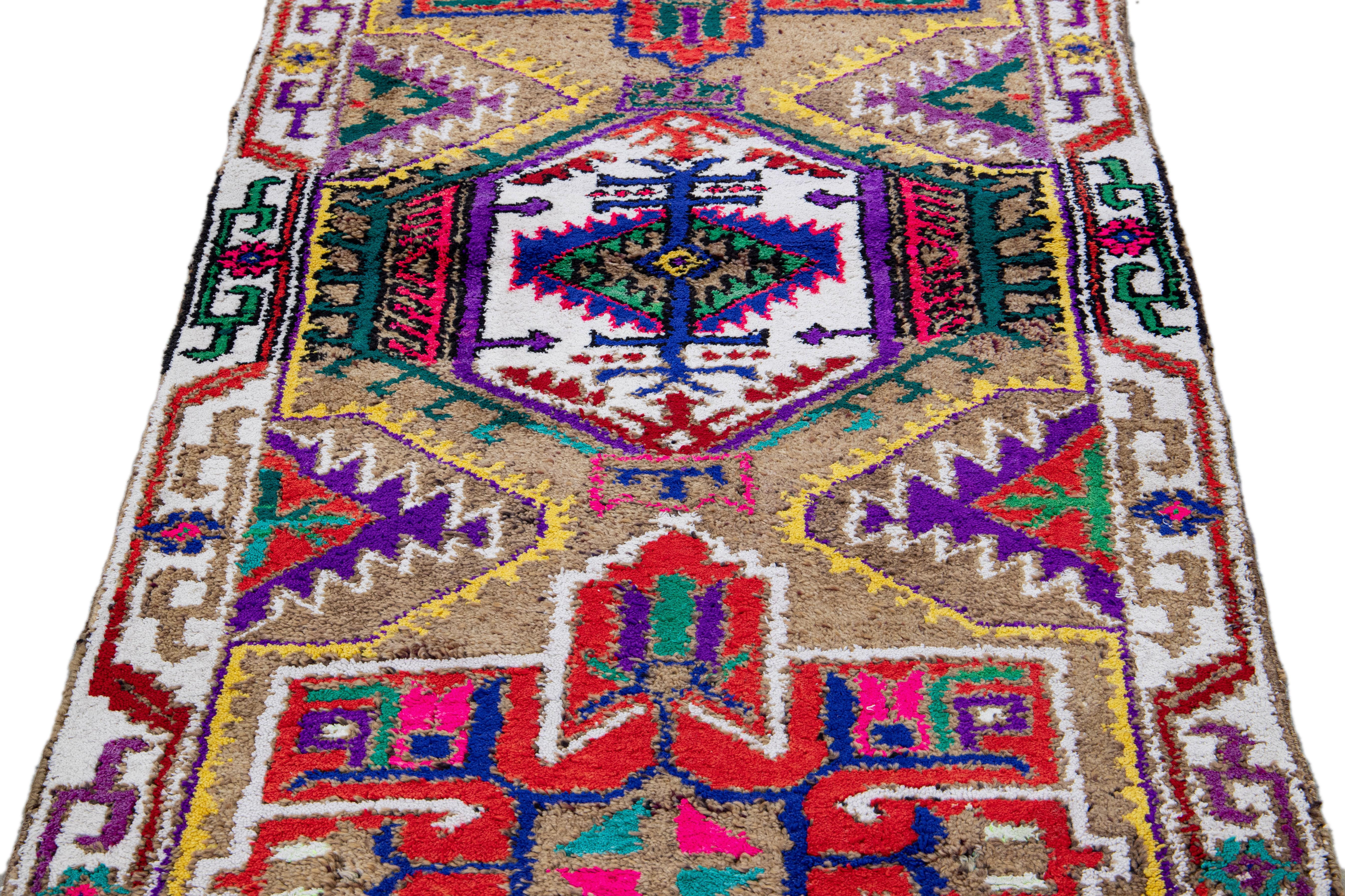 Mid-Century Modern Brown Vintage Turkish Handmade Multicolor Tribal Pattern Wool Runner For Sale