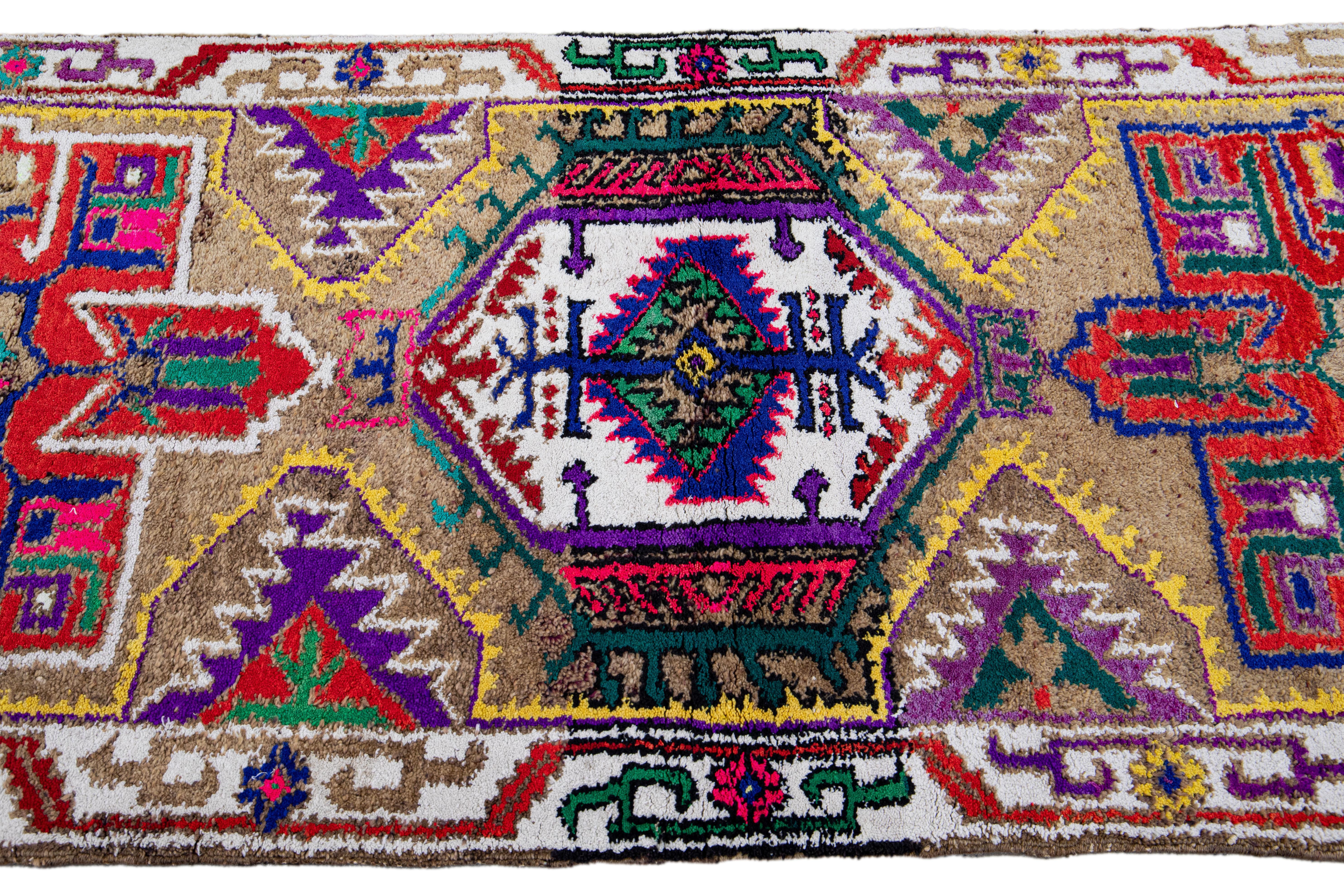 Brown Vintage Turkish Handmade Multicolor Tribal Pattern Wool Runner In Excellent Condition For Sale In Norwalk, CT