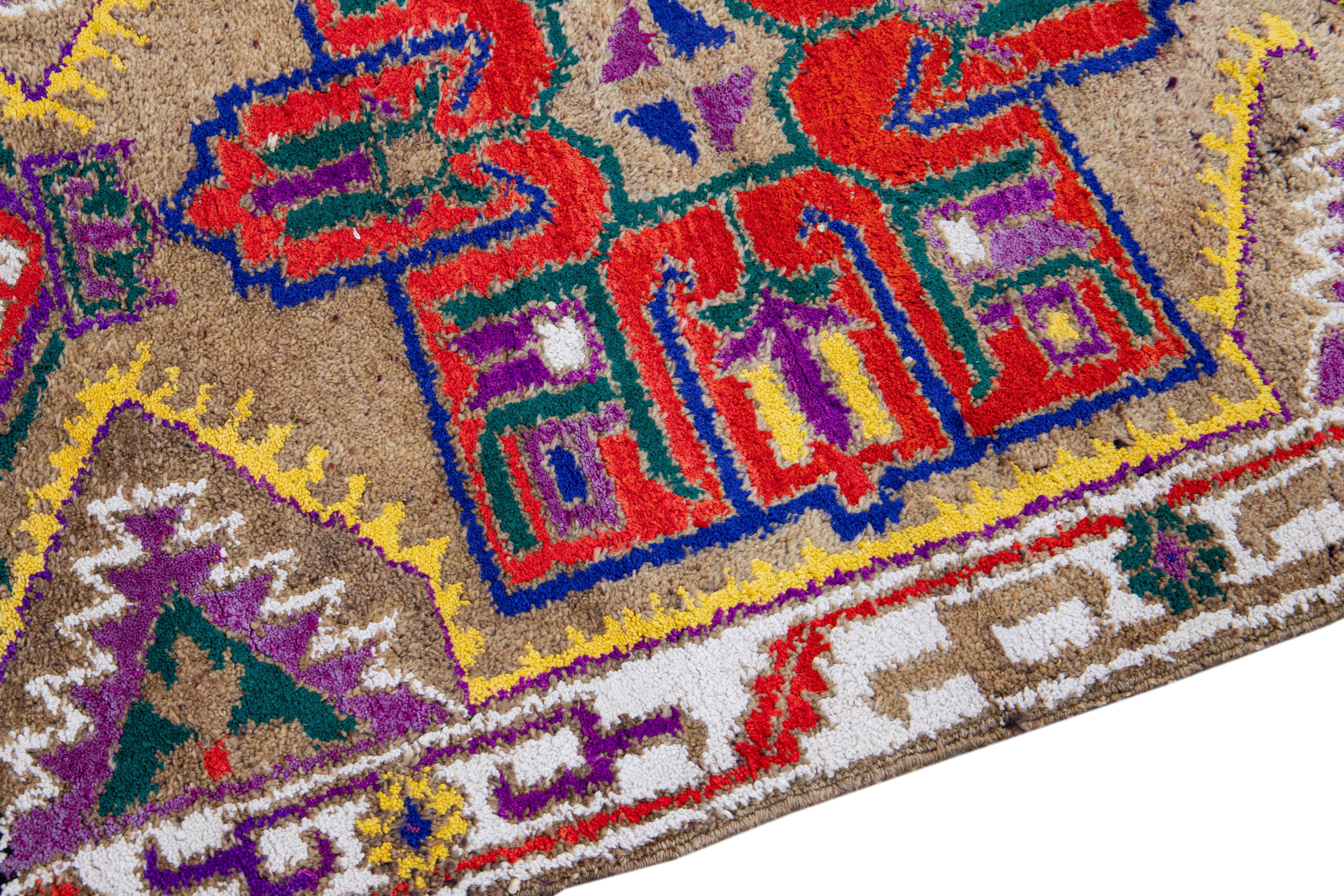 Brown Vintage Turkish Handmade Multicolor Tribal Pattern Wool Runner For Sale 3