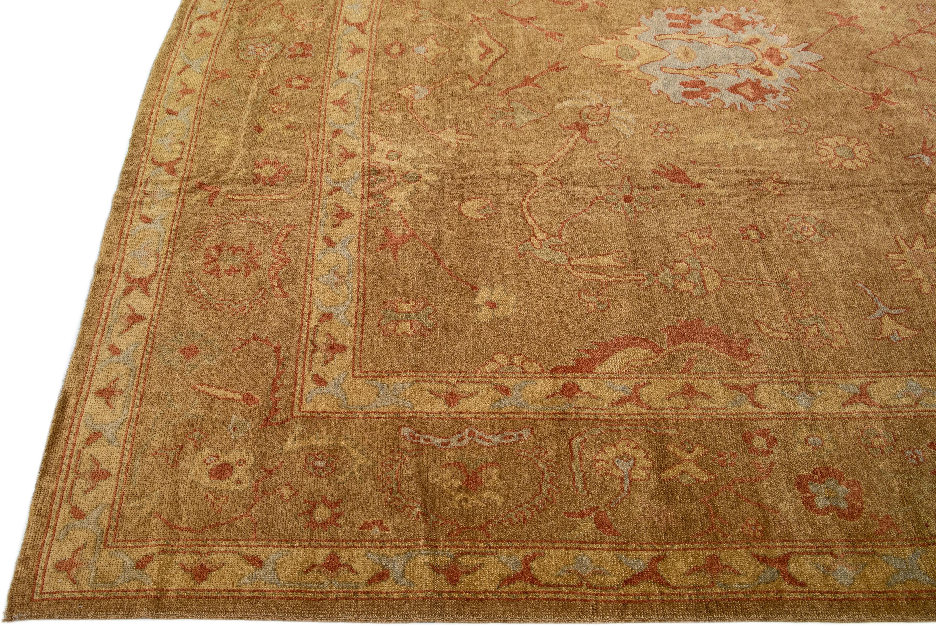 Hand-Knotted Brown Modern Turkish Oushak Handmade Wool Rug with Floral Motif