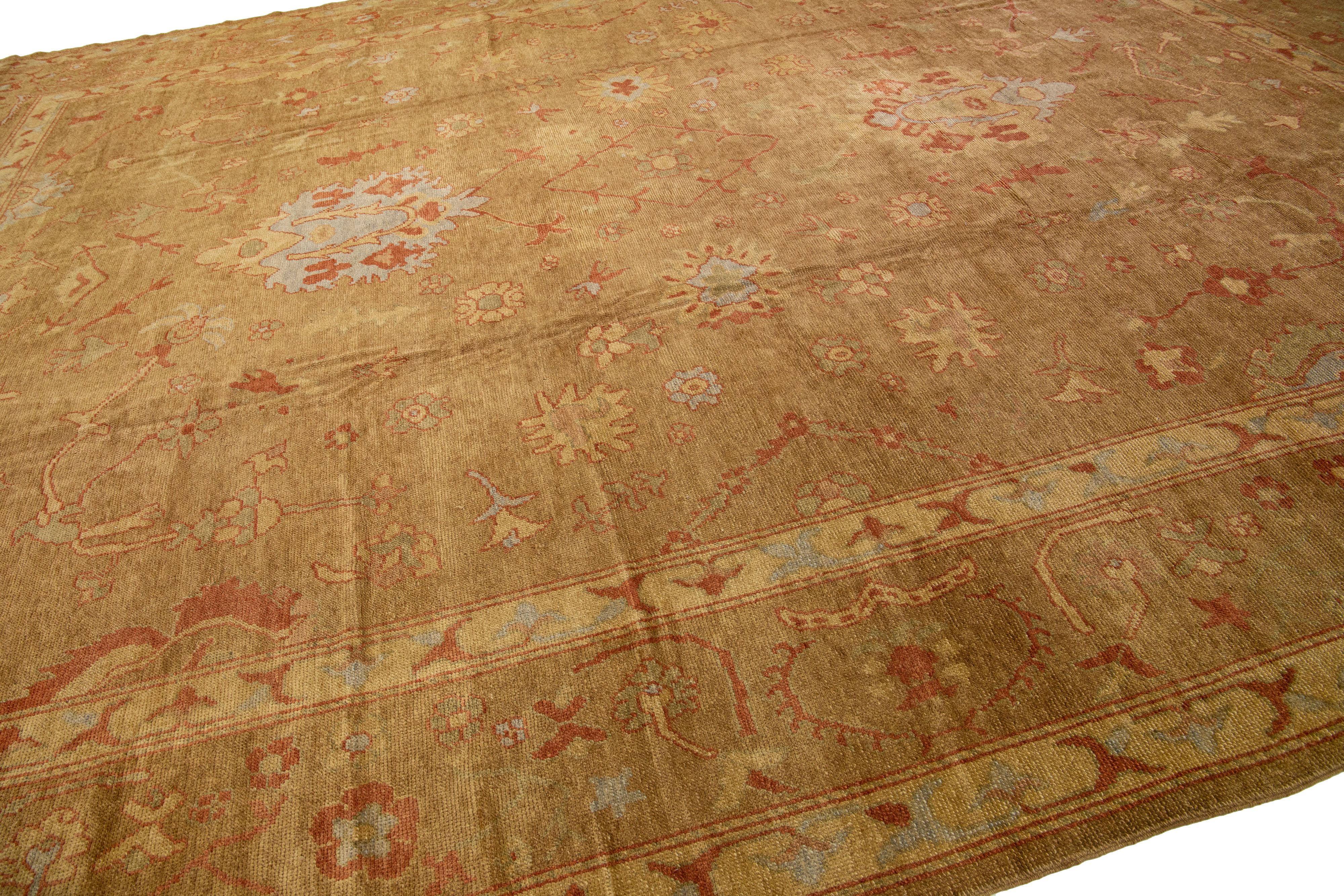 Brown Modern Turkish Oushak Handmade Wool Rug with Floral Motif In New Condition In Norwalk, CT