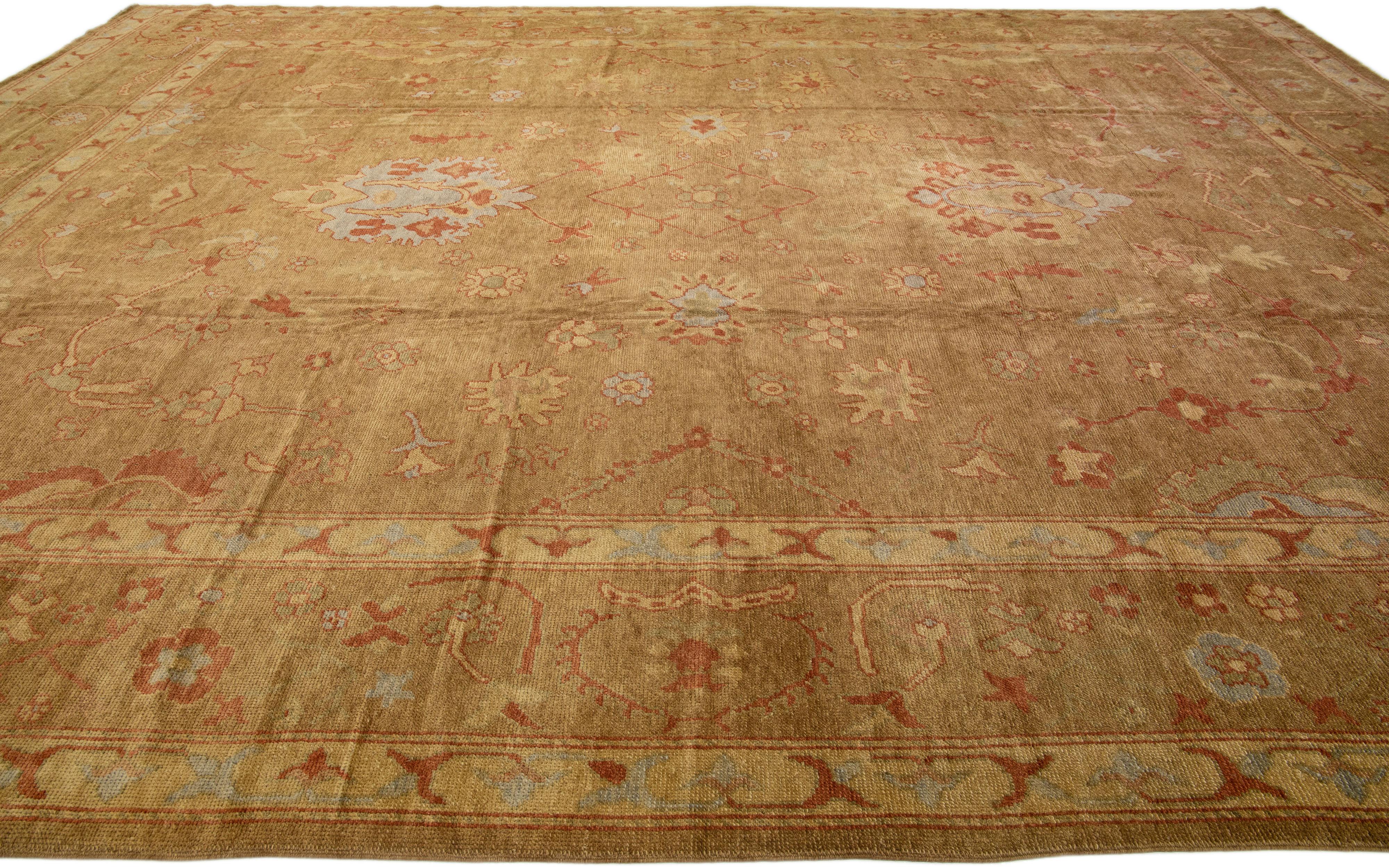 Contemporary Brown Modern Turkish Oushak Handmade Wool Rug with Floral Motif