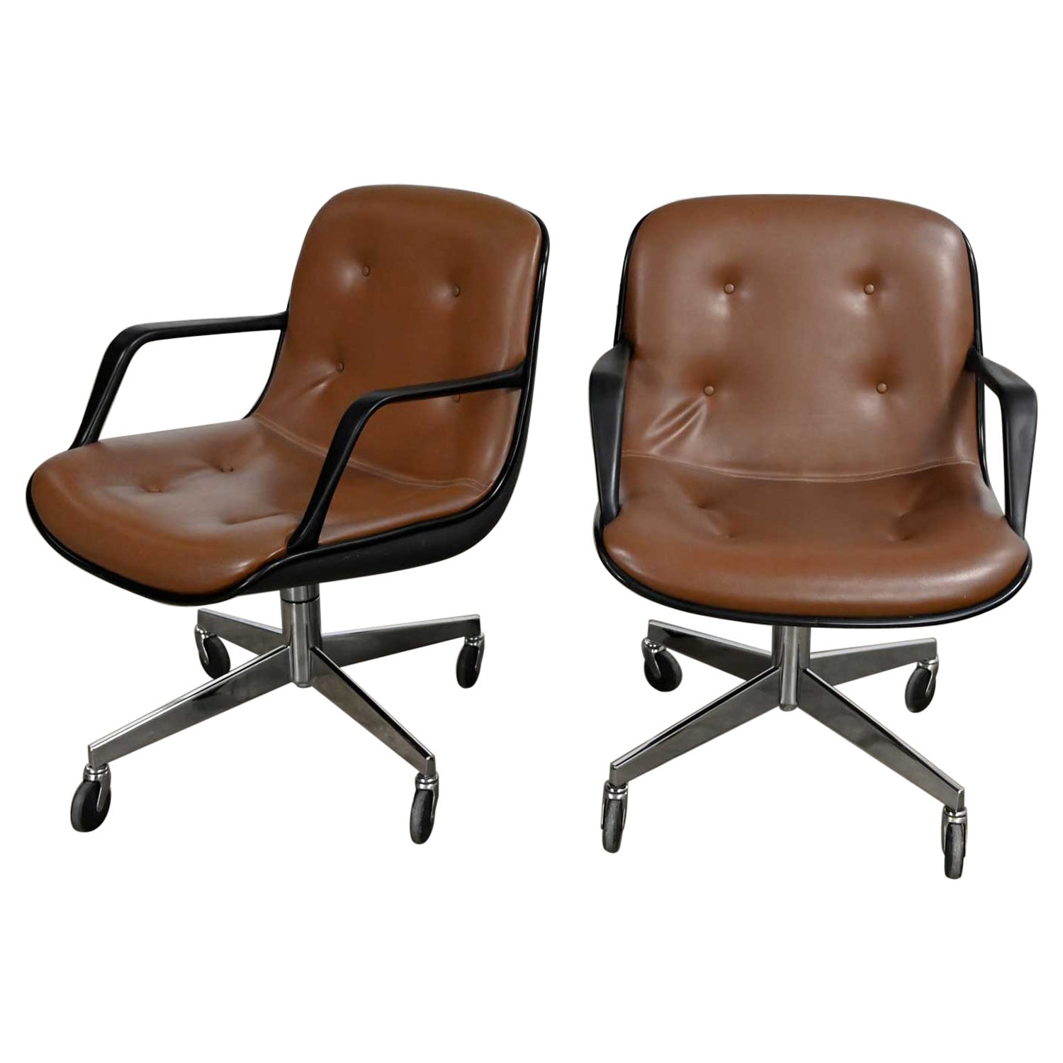 Brown Vinyl Faux Leather Pair Steelcase 451 Rolling Office Chairs Style Pollock