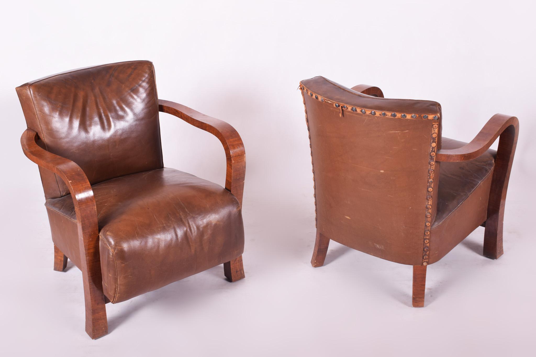 Brown Walnut Art Deco Three-Piece Suite, Preserved Condition and Leather, 1930s For Sale 4