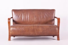 Brown Walnut Art Deco Three-Piece Suite, Preserved Condition and Leather, 1930s