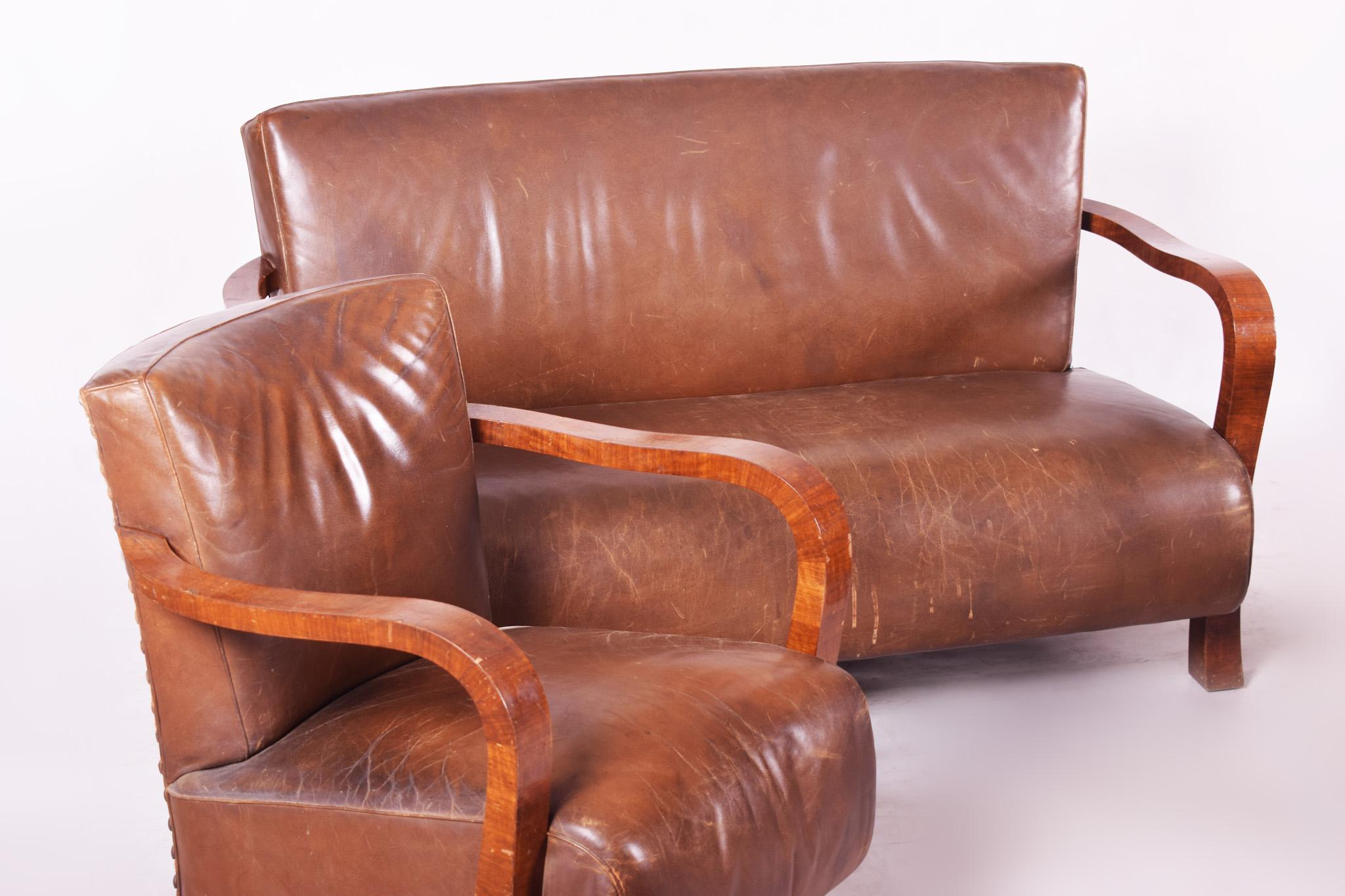 Czech Brown Walnut Art Deco Three-Piece Suite, Preserved Condition and Leather, 1930s For Sale