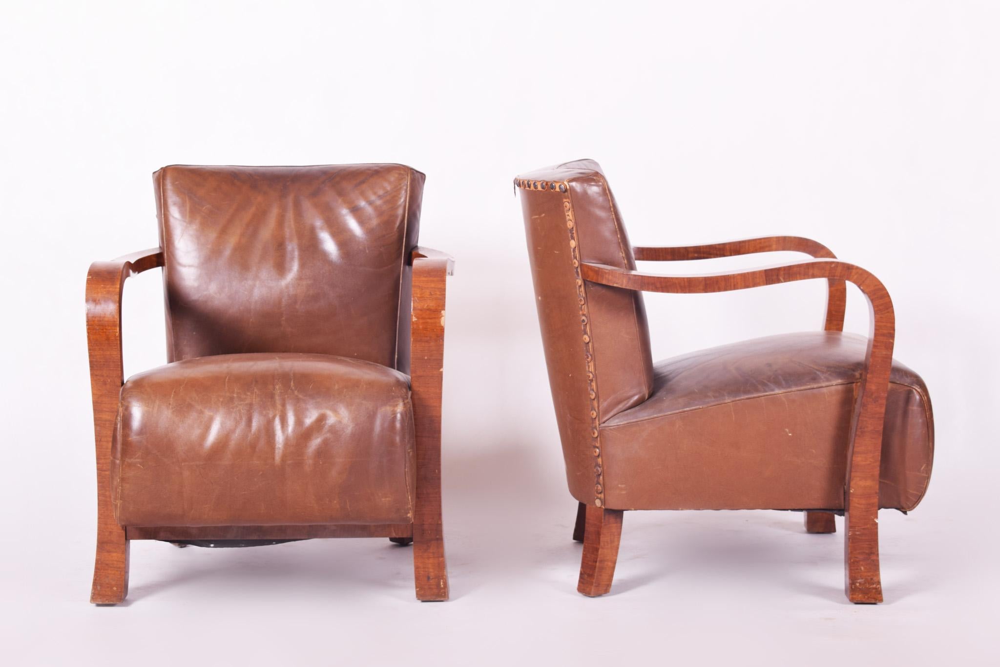 Mid-20th Century Brown Walnut Art Deco Three-Piece Suite, Preserved Condition and Leather, 1930s For Sale